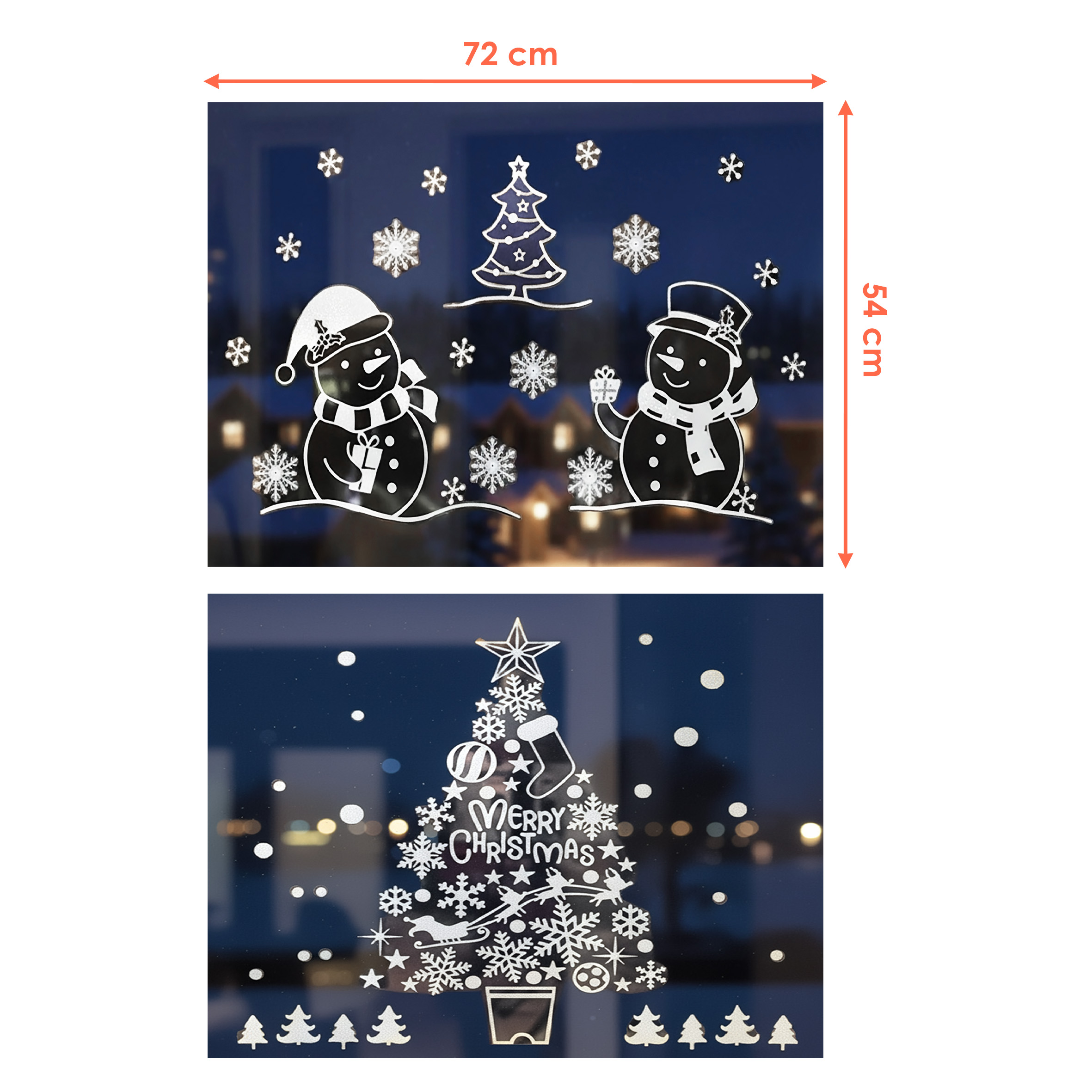 Weihnachts Fensterbilder selbstklebend 72 x 54 cm - 2er Set - Winter Fensteraufkleber Schneemann und Weihnachtsbaum