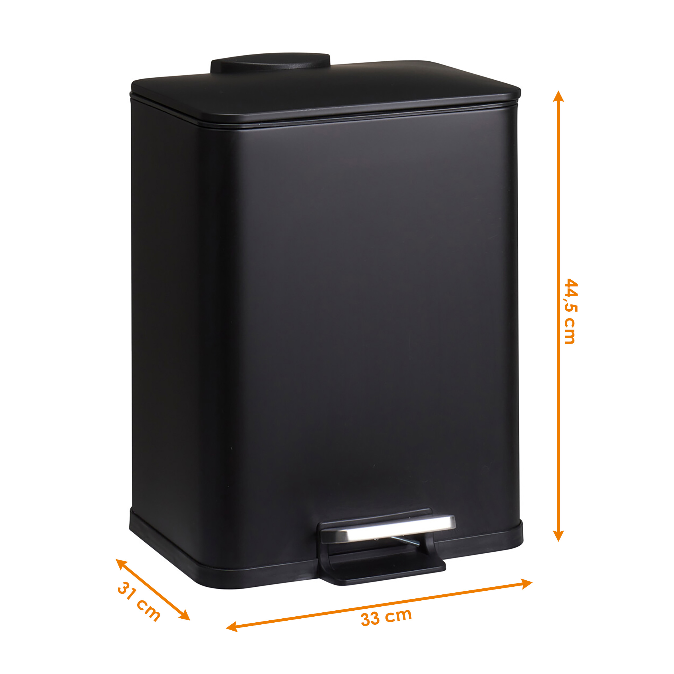 Edelstahl Tretmülleimer eckig schwarz matt 44 x 33 cm mit Deckel - 20 L - Metall Mülleimer mit Fußpedal und entnehmbarem Inneneimer