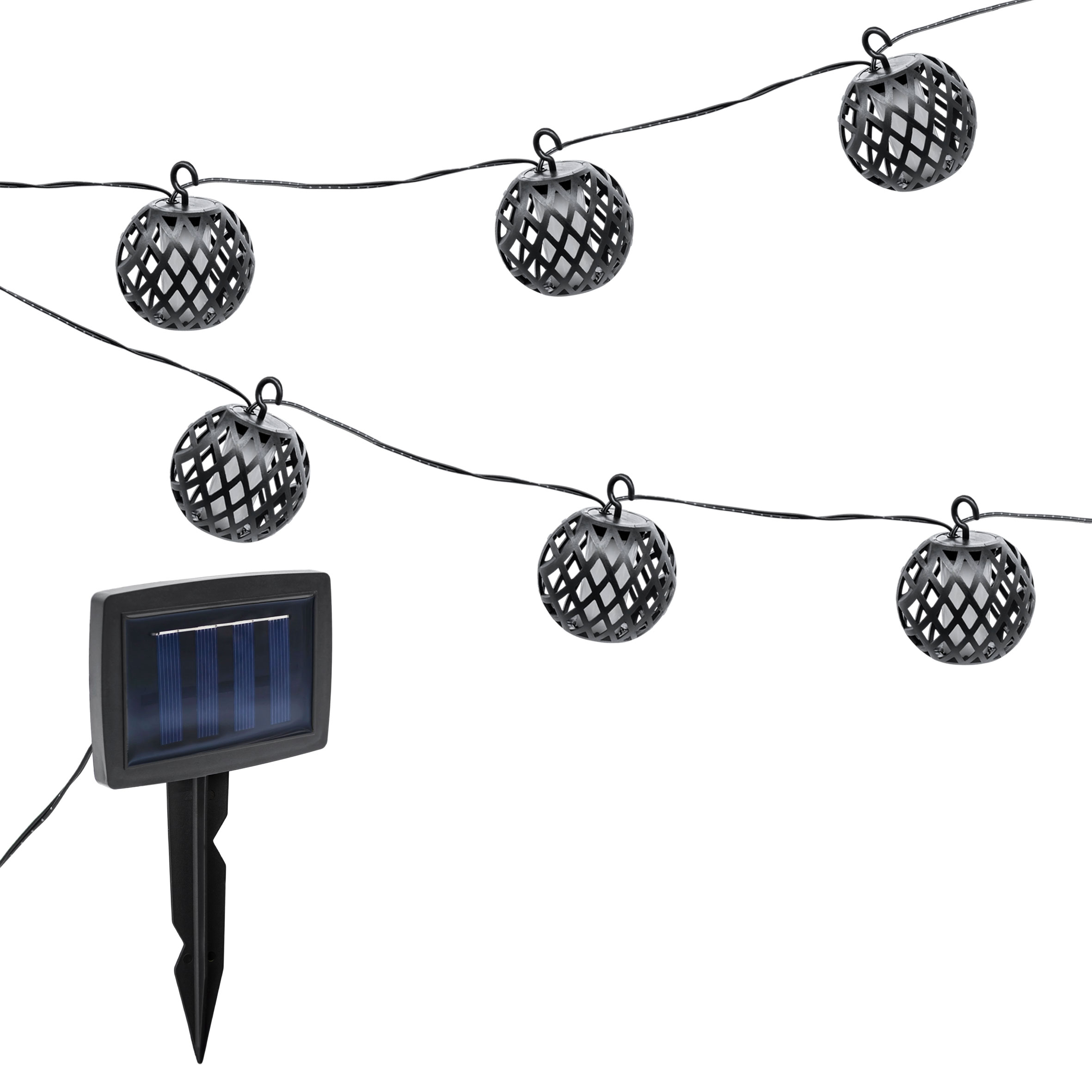 Solar Lichterkette 6 runde Lampions schwarz mit Flammen Effekt - 300 cm - LED Garten Dekobeleuchtung mit Flackereffekt