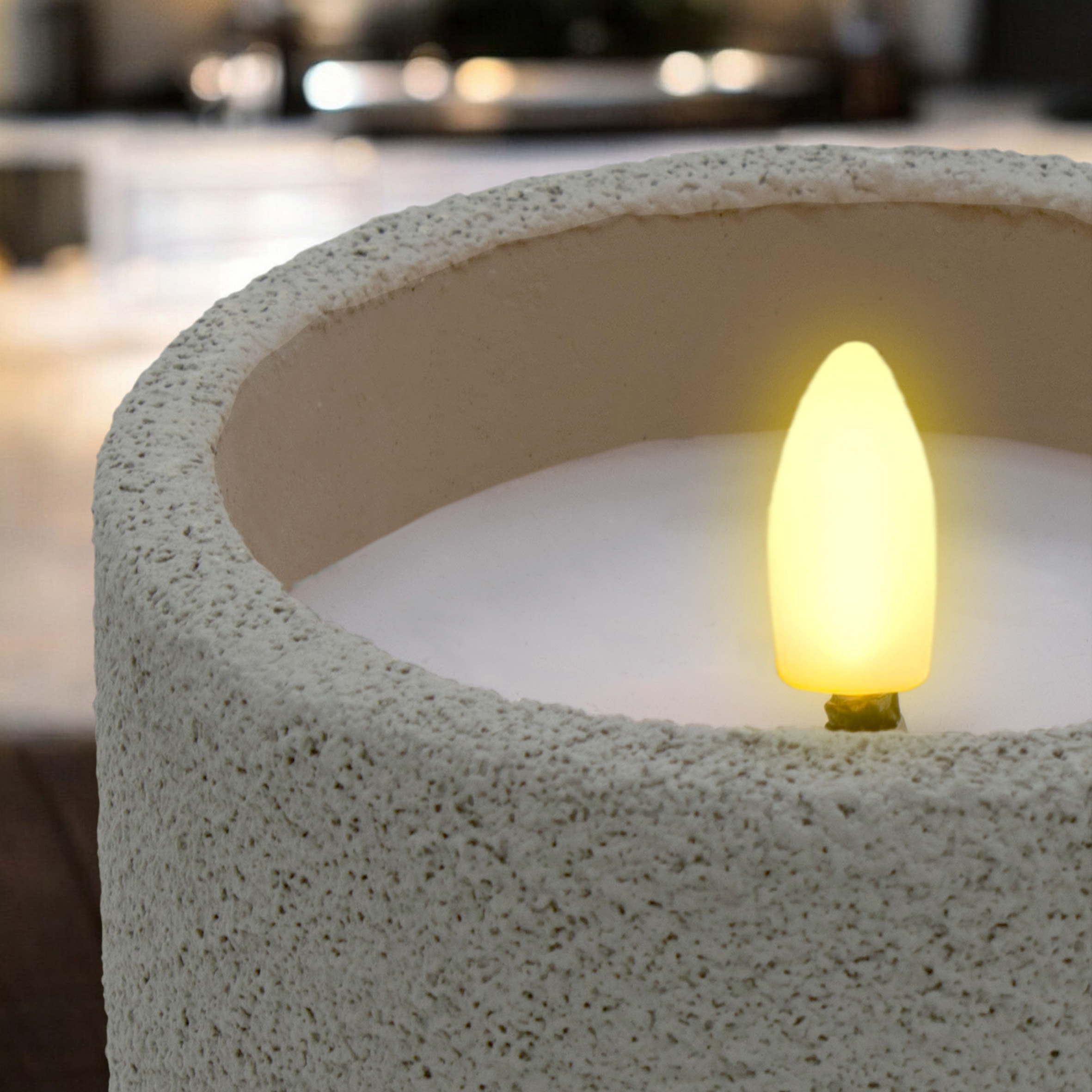 LED Keramik Kerze mit Beton Optik 10 x 9 cm - 2er Set - Künstliche Kerze Batterie betrieben mit Timer