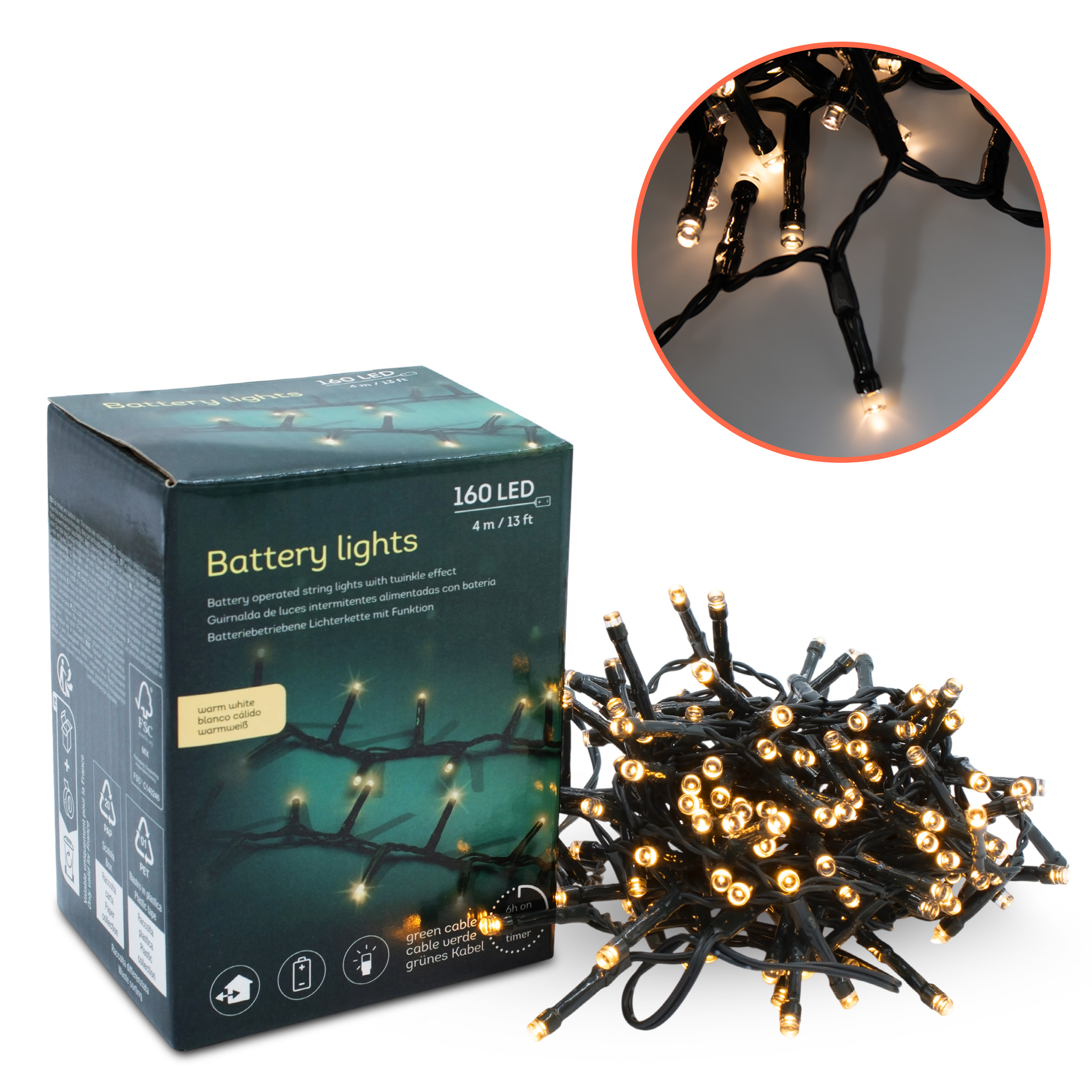 Außen Lichterkette warm weiß mit Timer - 160 LED / 4 m - Weihnachtslichterkette mit 8 Funktionen Batterie betrieben