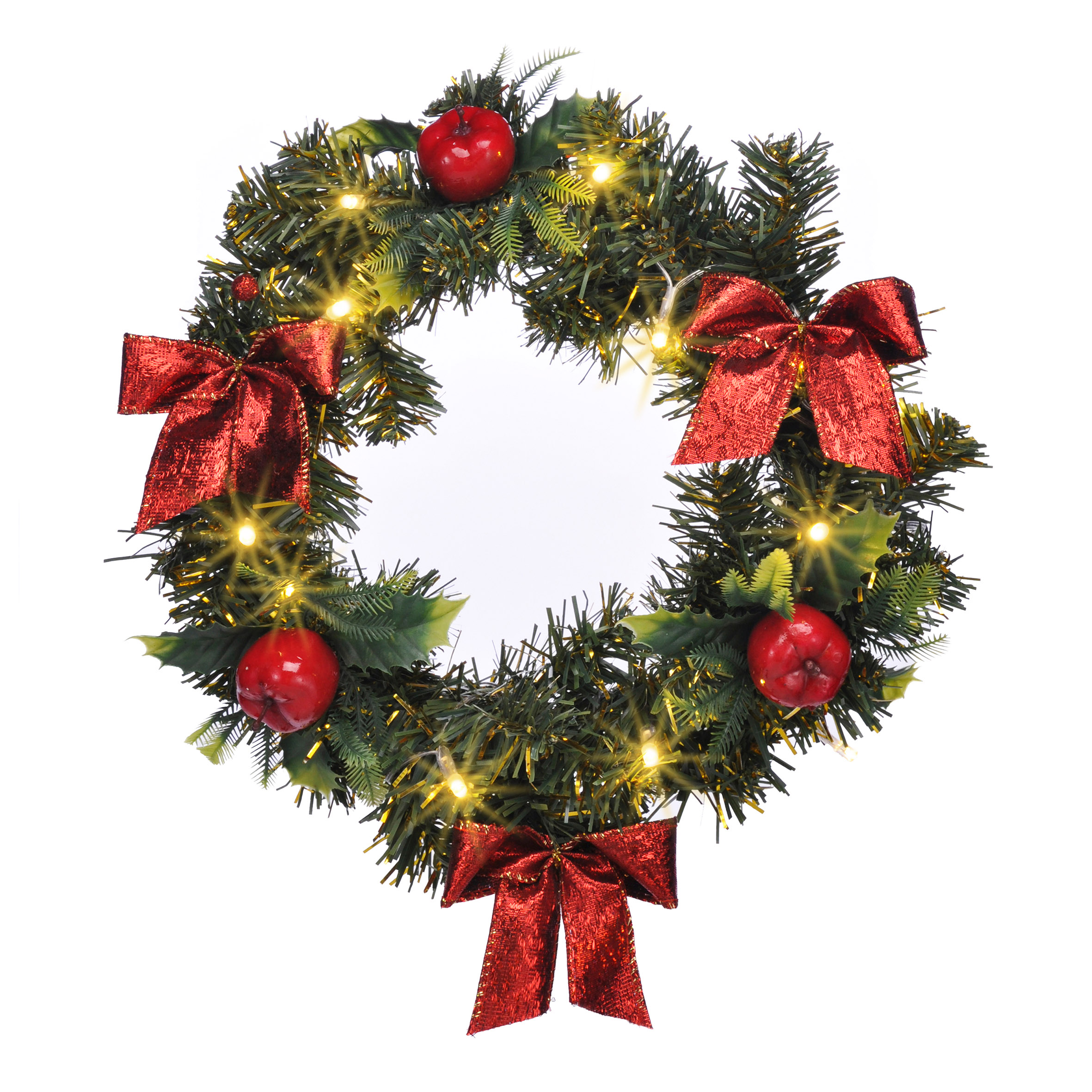 LED Kunst Tannenkranz grün warm weiß beleuchtet mit Timer - Ø 28 cm - Weihnachtskranz mit Dekoration Batterie betrieben
