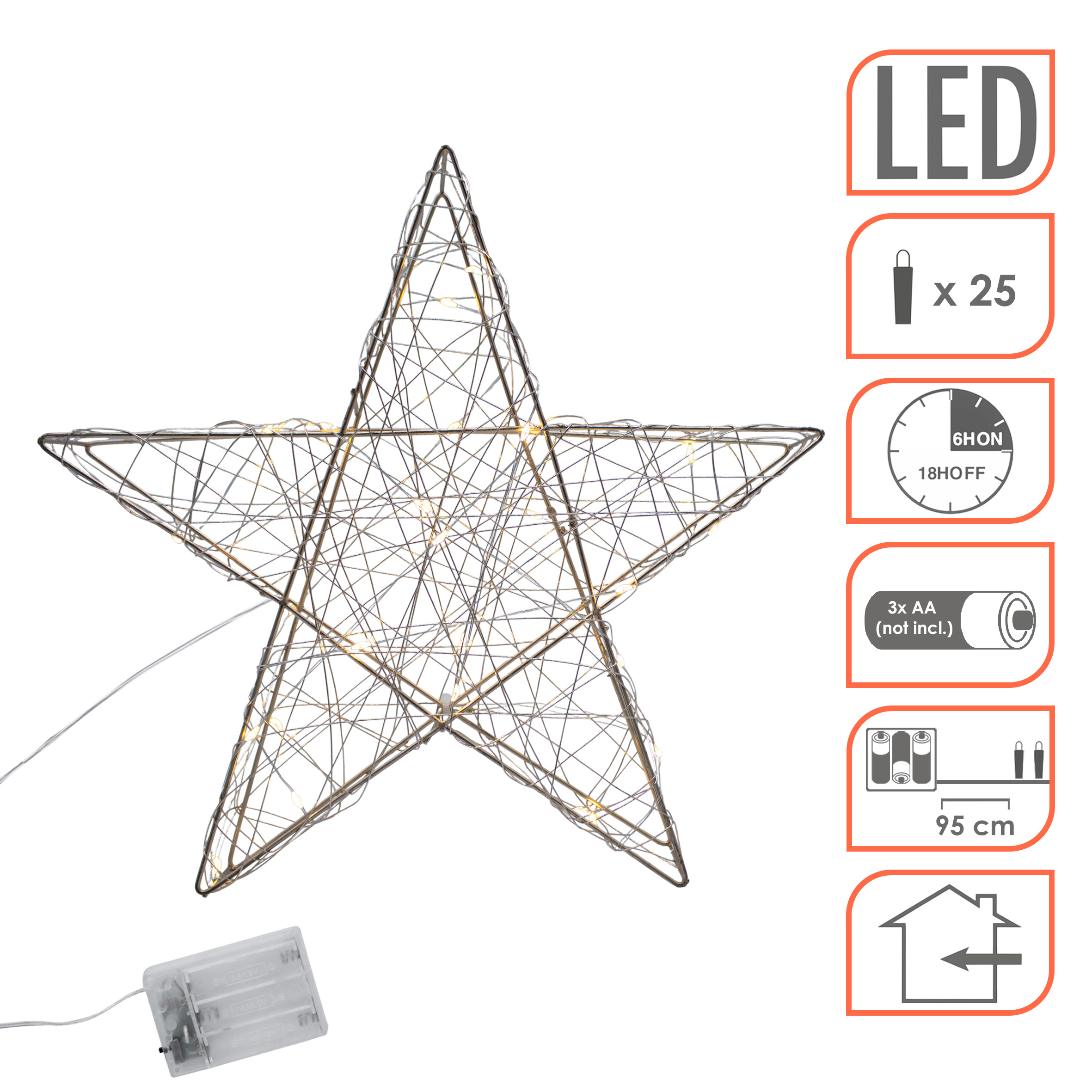 Draht Leuchtstern champagner 30 cm mit Timer - 25 LED - Metall Stern Silhouette warm weiß beleuchtet batteriebetrieben