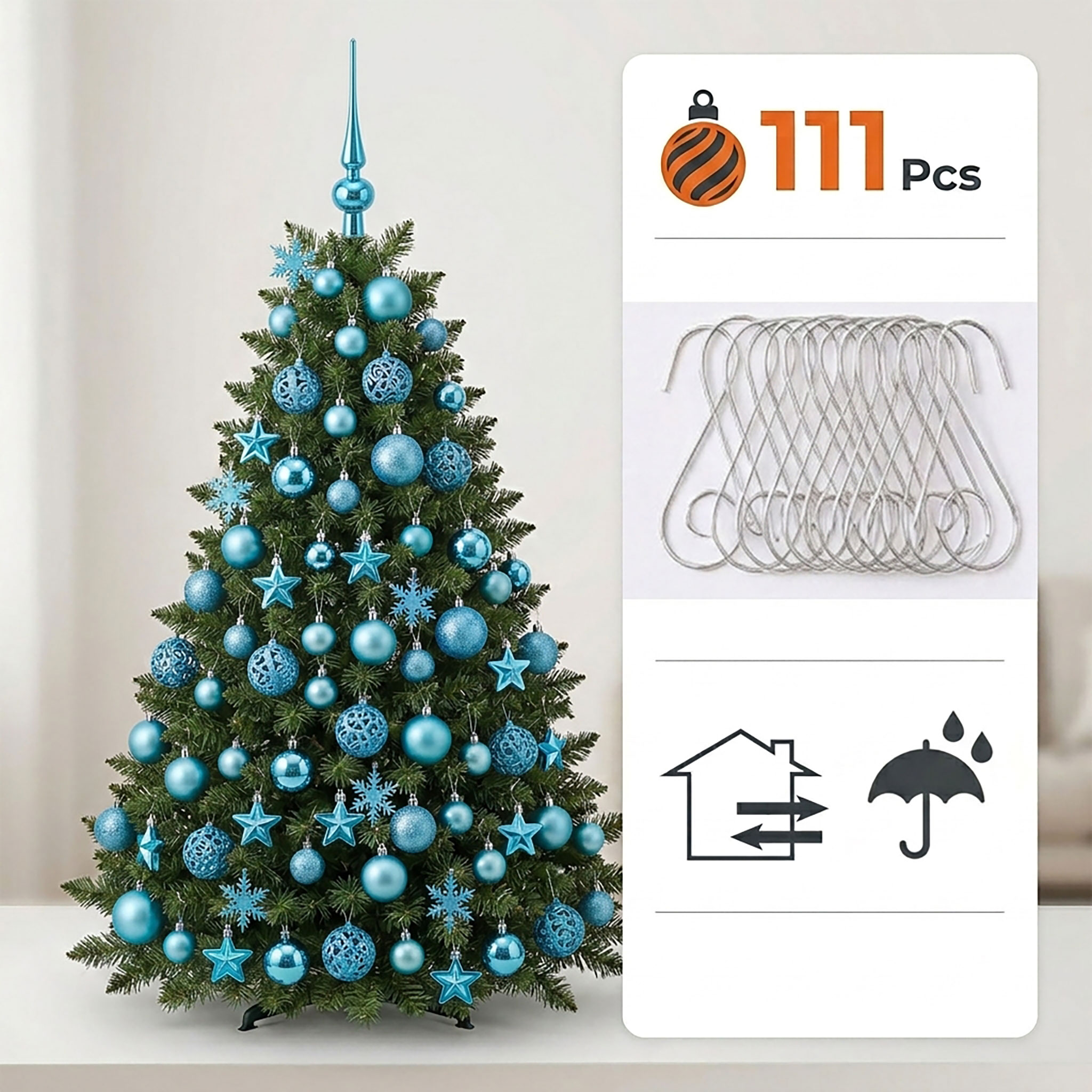 Kunststoff Christbaumkugel Set 111-teilig bruchsicher - türkis - Design Weihnachtskugeln inklusive Metall Haken