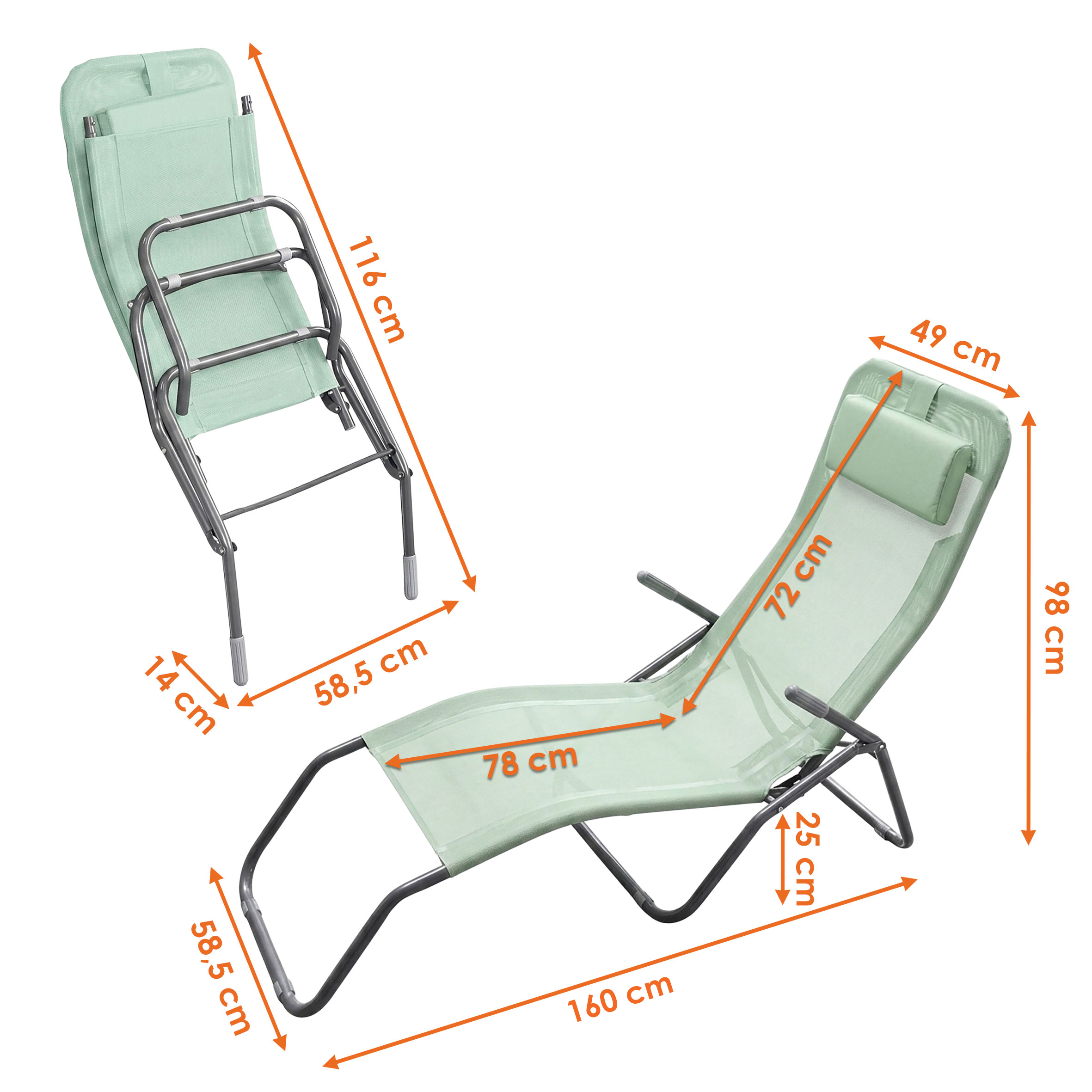 Gesundheitsliege mit Kopfkissen 190 cm - grün - Klappbare Garten Sonnen Liege - Pool Bäder Spa Garten Balkon Sonnen Liege