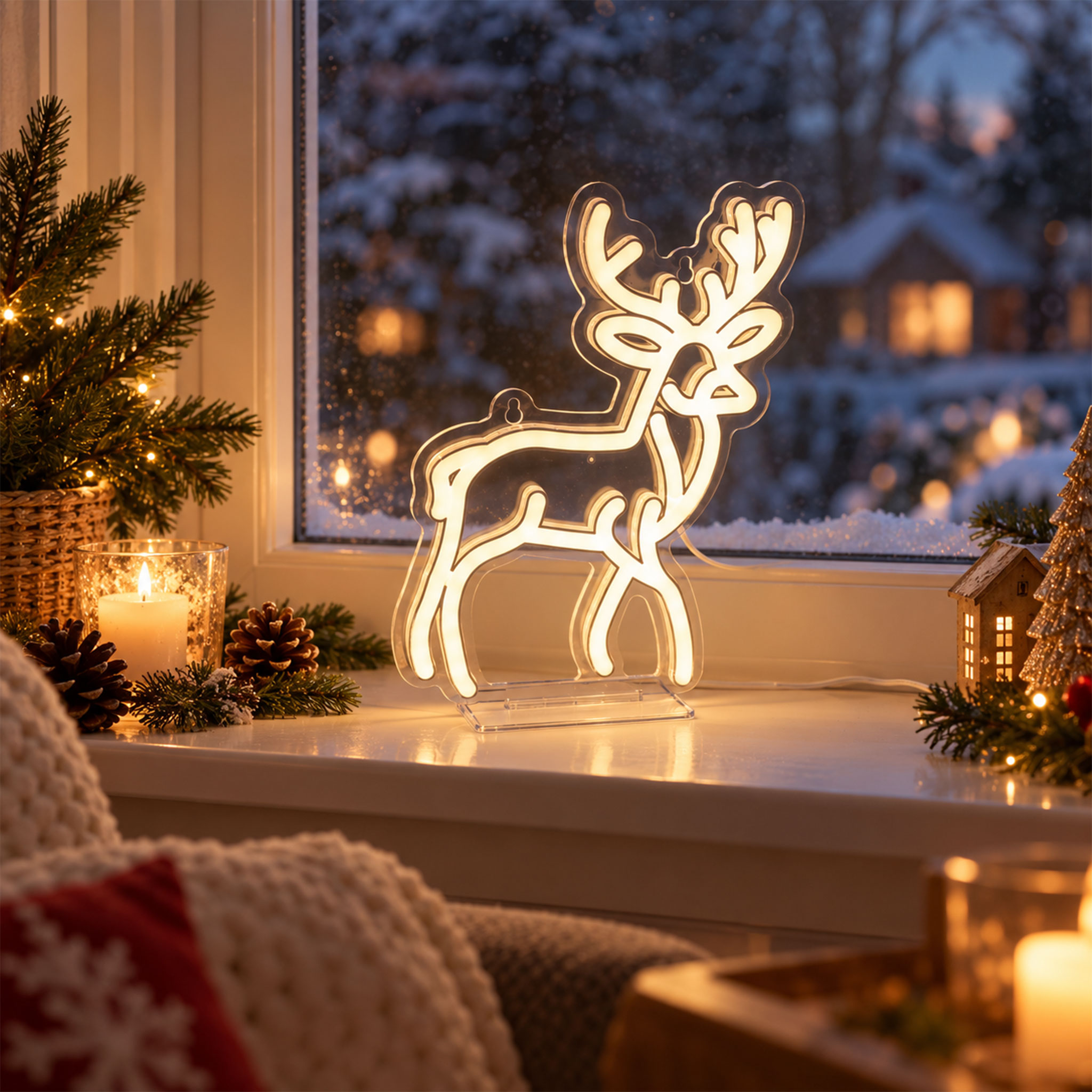 Neon Effekt Rentier Leuchte weiß mit USB Anschluss - 27 x 20 cm - Dekoleuchte Hirsch warmweiß zum Hängen oder Stellen