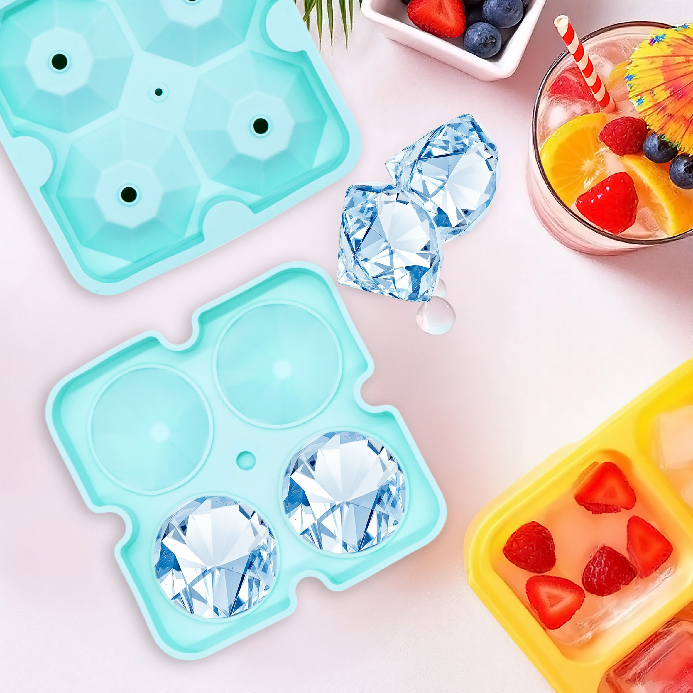 Silikon 4er Eiswürfelform XL Diamant je 5 cm - 2er Set - Eiswürfelschale mit Deckel für 4 große Kristalle