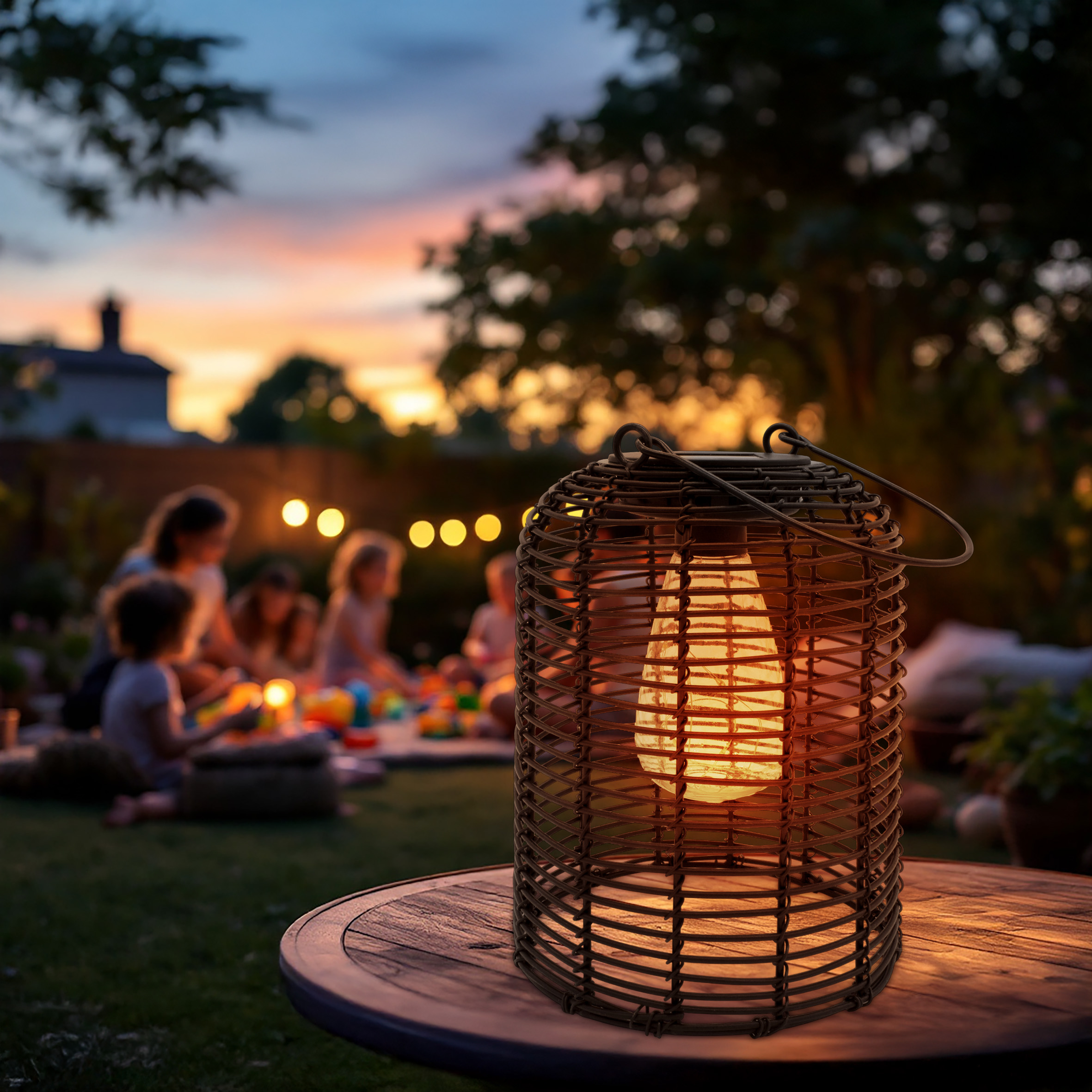 Solar Hängeleuchte in Rattan Optik schwarz mit LED Glühbirne - 20 x 16 cm - Deko Gartenlaterne zum Hängen warm weiß beleuchtet