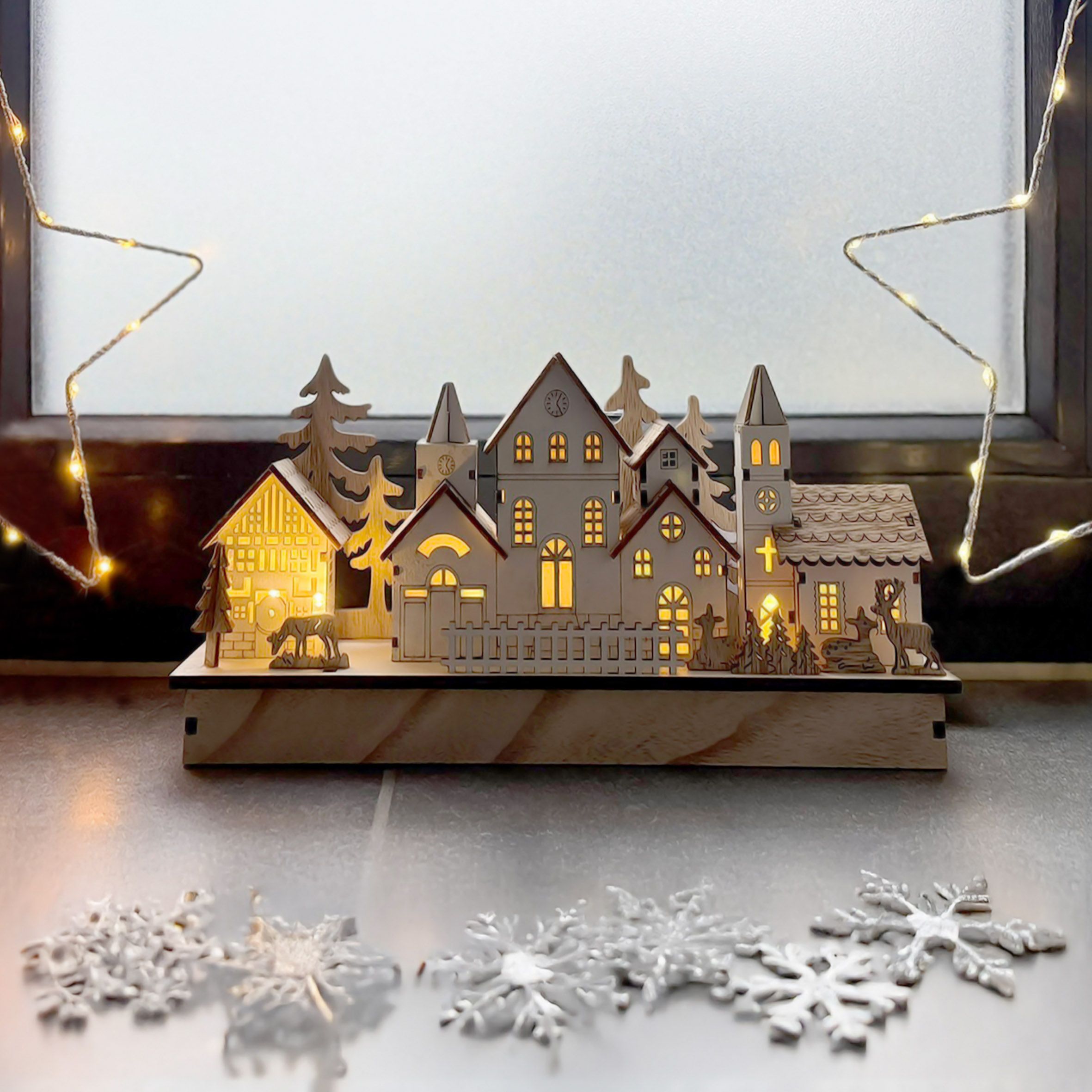 LED Holz Winterstadt Aufsteller warm weiß beleuchtet - 30 x 14 cm - Weihnachtsdorf Szene Tischdekoration Batterie betrieben
