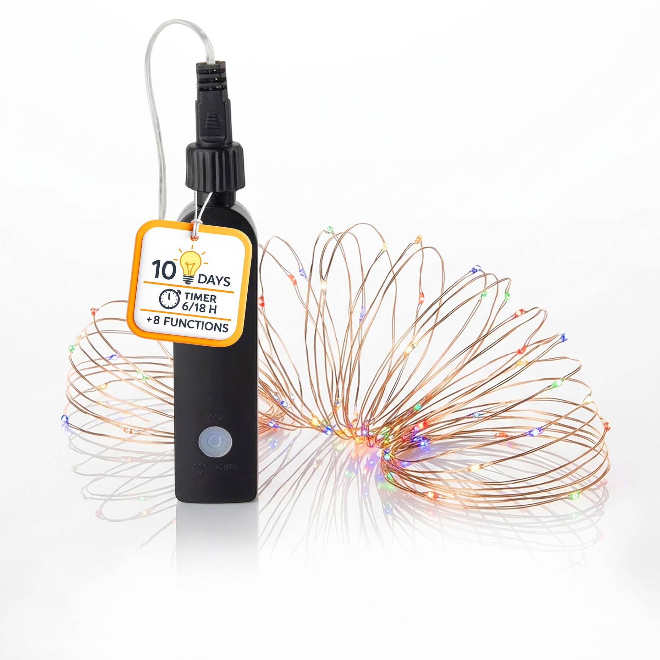 Draht Lichterkette bunt mit Powerbank 8 Funktionen und Timer - 100 LED - Akku Weihnachtslichterkette 9,9 m multicolor per USB-C wiederaufladbar
