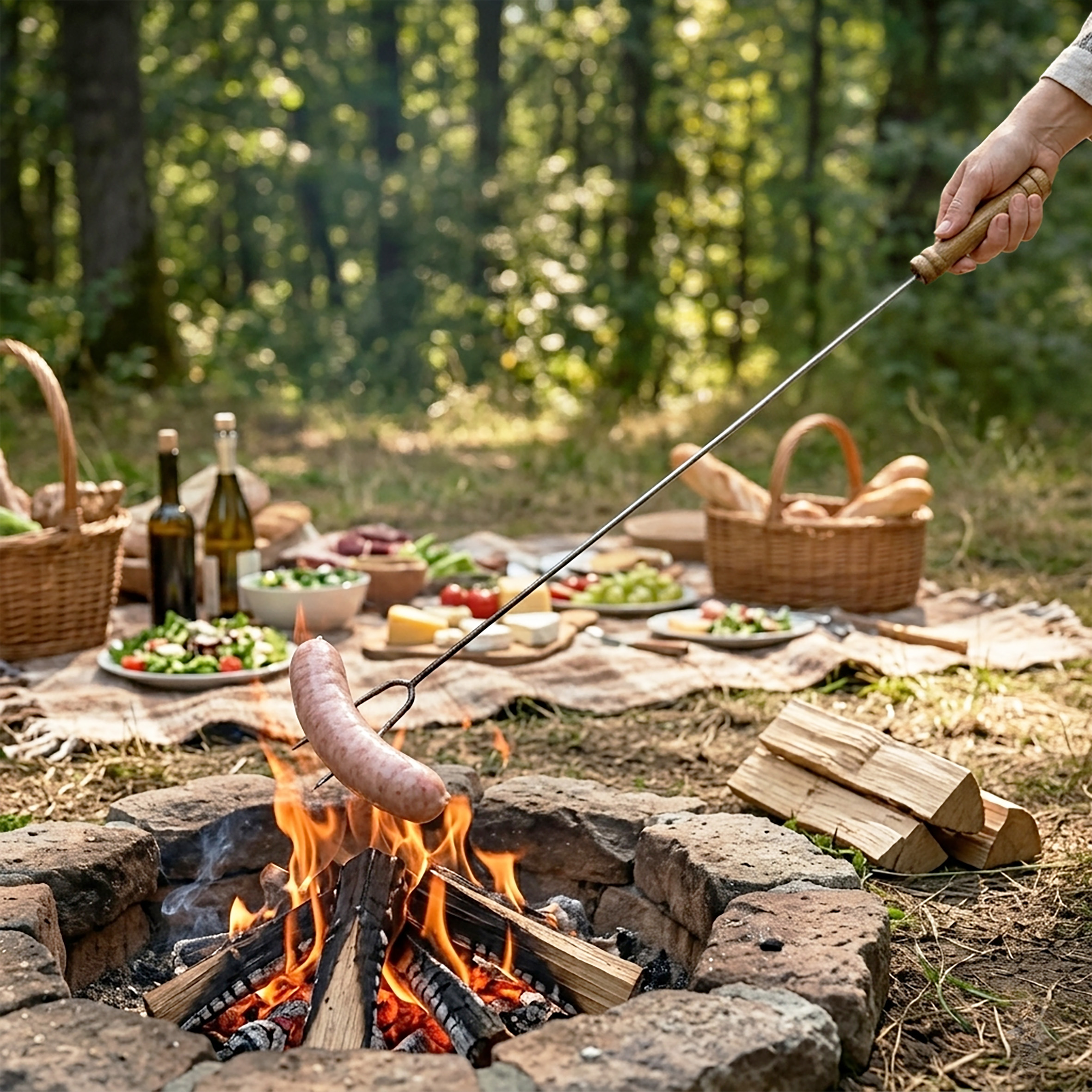Edelstahl Grillspieß 75 cm U-Form mit Holzgriff - 4er Set - Camping Lagerfeuer Spieß lang mit Griff