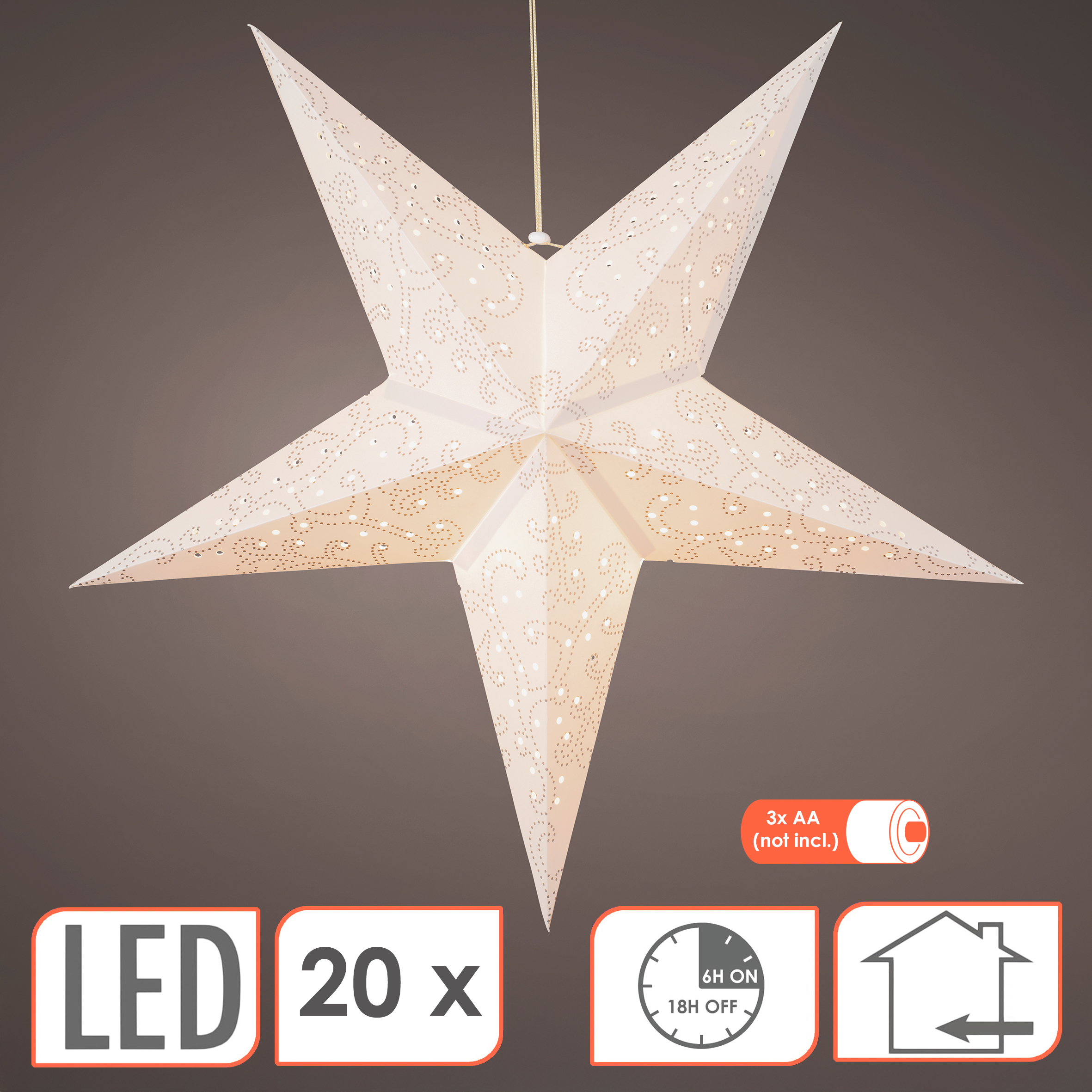 LED Papierstern in weiß mit Timer Batterie betrieben - Ø 60 cm - Weihnachts Deko Beleuchtung zum Hängen