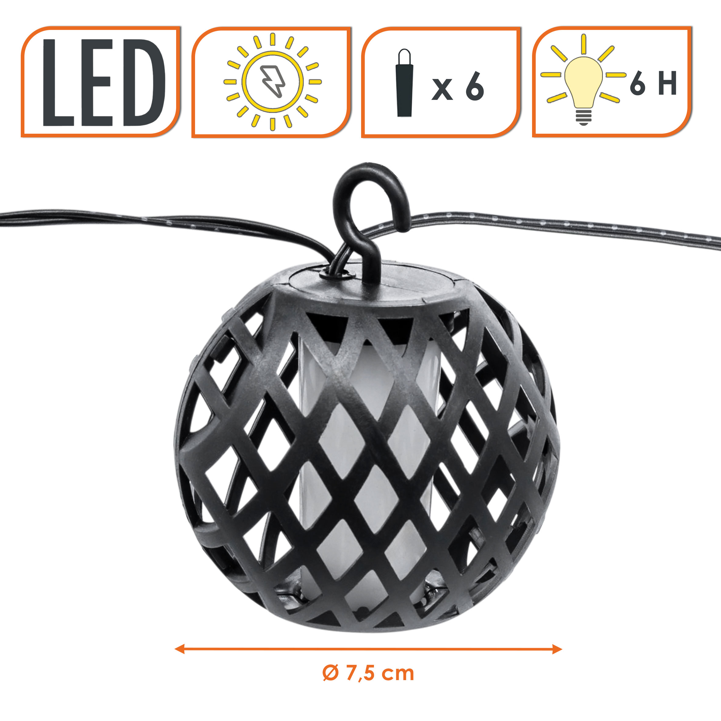 Solar Lichterkette 6 runde Lampions schwarz mit Flammen Effekt - 300 cm - LED Garten Dekobeleuchtung mit Flackereffekt