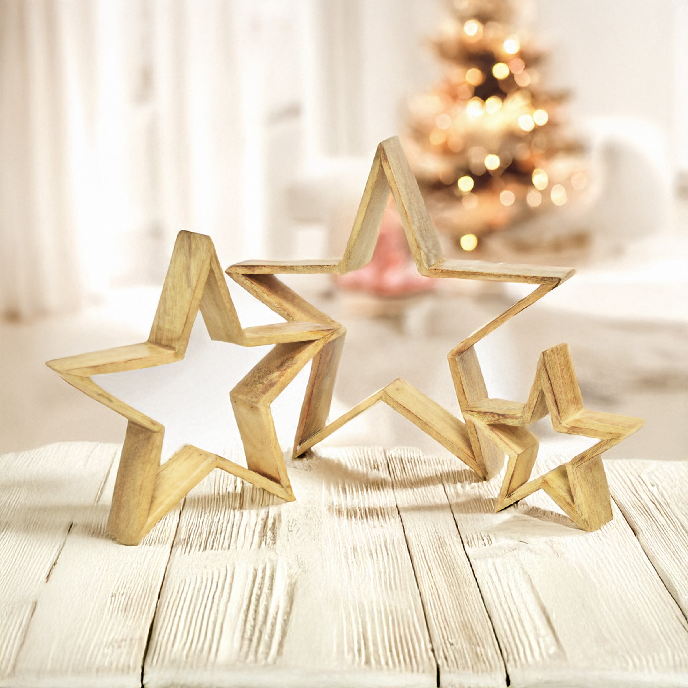 Mango Holz Stern Aufsteller 3er Set natur - 39 / 29 / 20 cm - Holz Weihnachtstern Tisch Deko