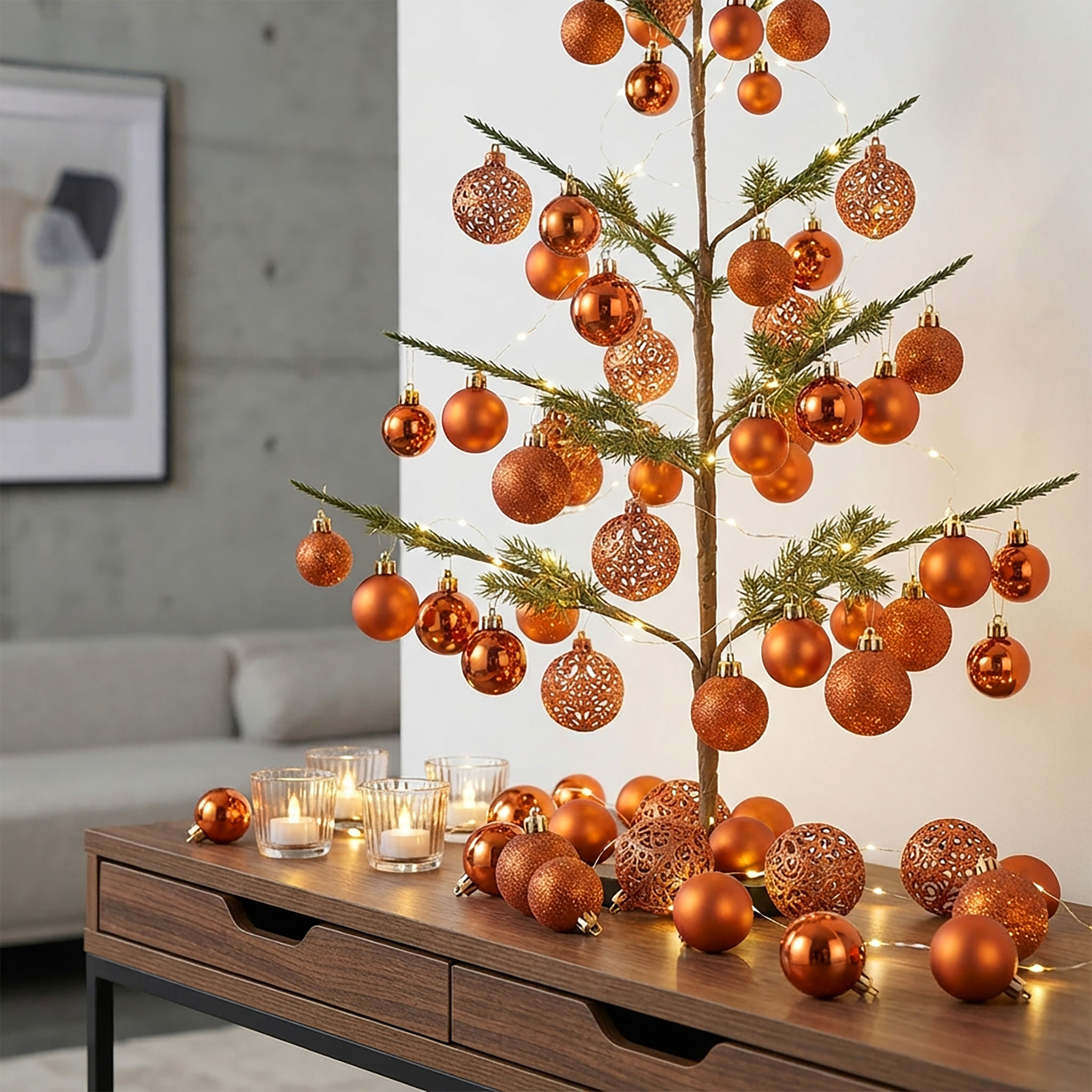 Kunststoff Christbaumkugel Set 100-teilig bruchsicher - kupfer - Design Weihnachtskugeln inklusive Metall Haken