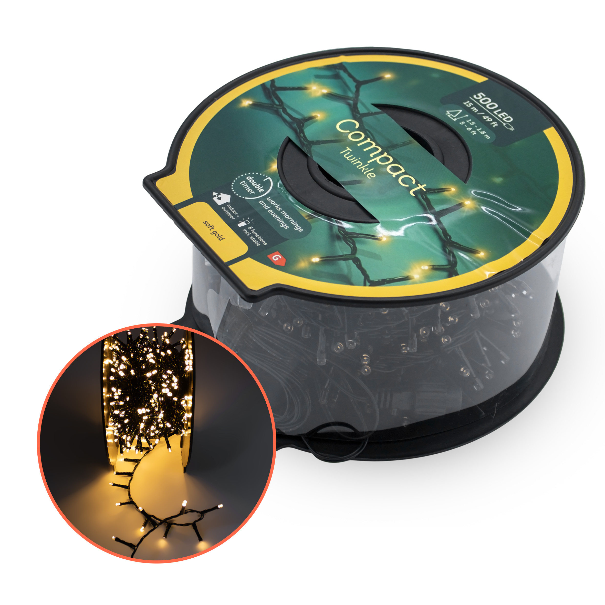 Außen Lichterkette auf Trommel soft gold 15 m mit Stecker - 500 LED
