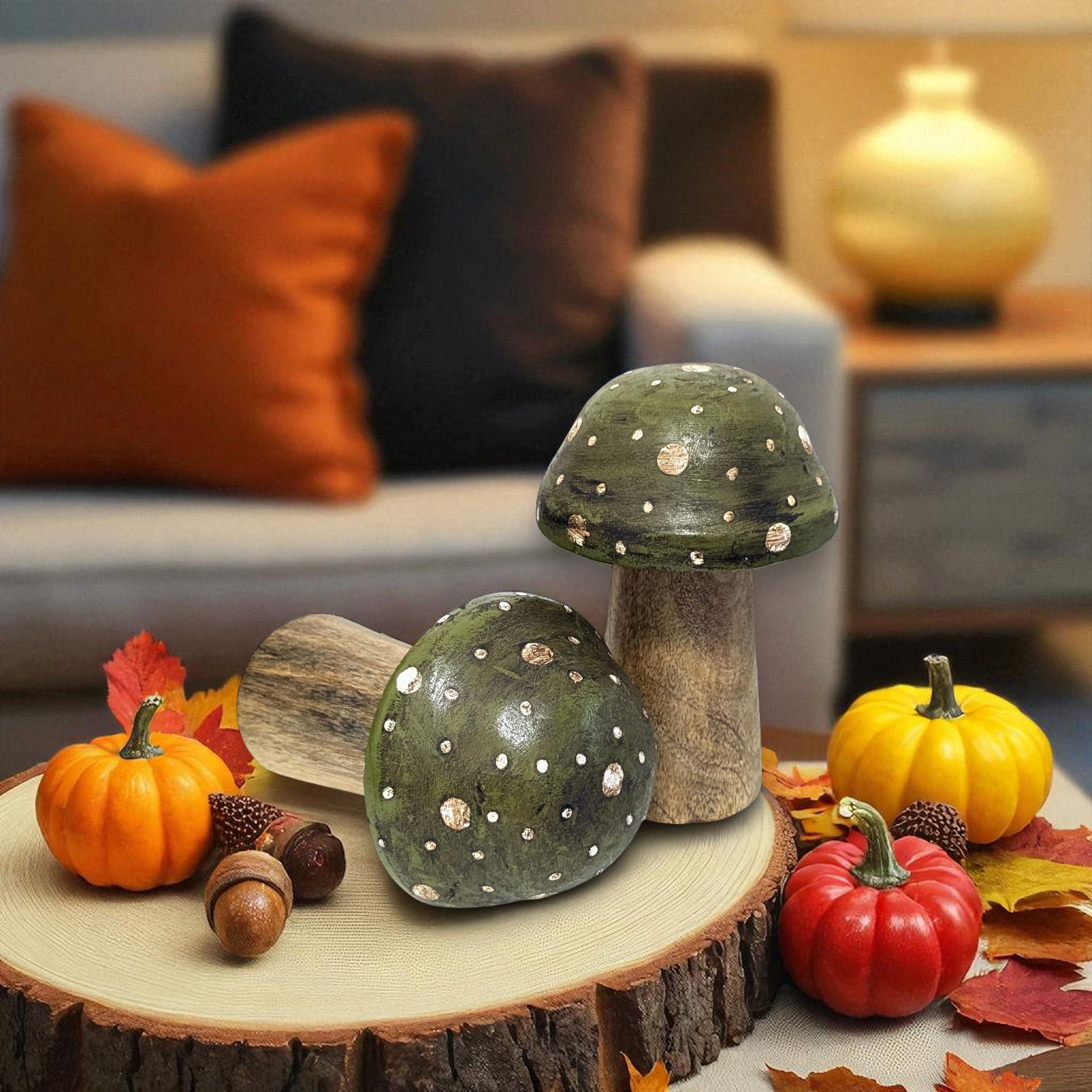 Mangoholz Deko Pilze zum Hinstellen 12 cm - 2er Set - Holz Fliegenpilze Figur zur Herbst Dekoration