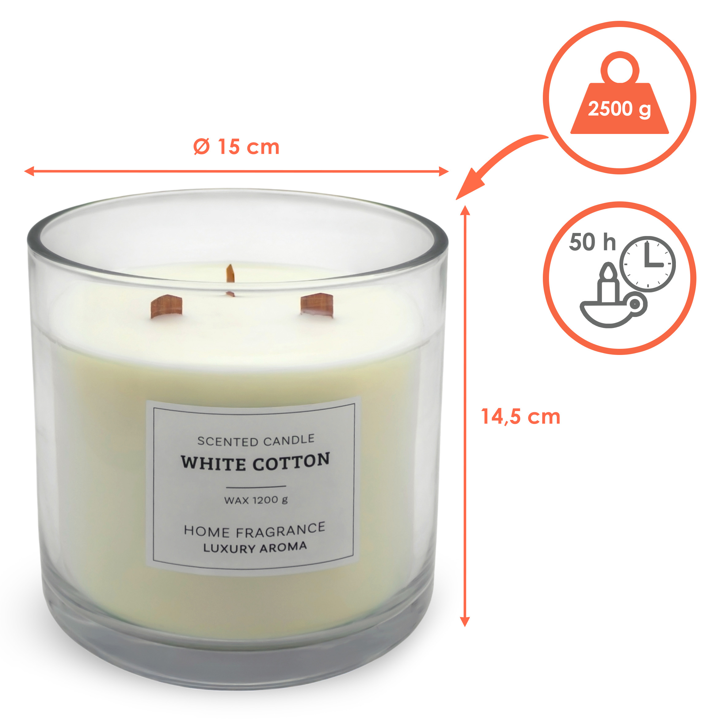 XL 3-Docht Duftkerze im Glas 15 cm mit Knisterdocht aus Holz - White Cotton Duft - Große Aromakerze 1200g Wachs 50 Stunden Brenndauer