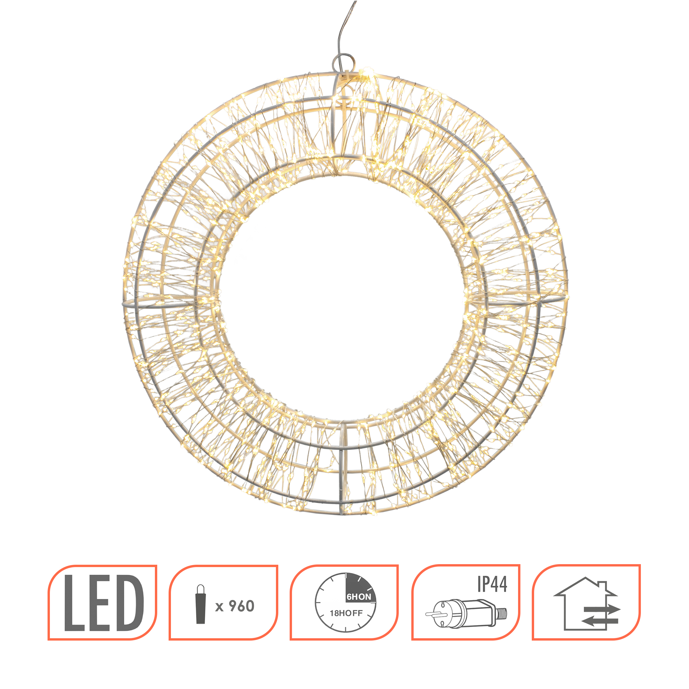 LED Metallkranz silber mit 960 LED in warm weiß - 36 cm - Deko Kranz zum Hängen für Außen mit Timer