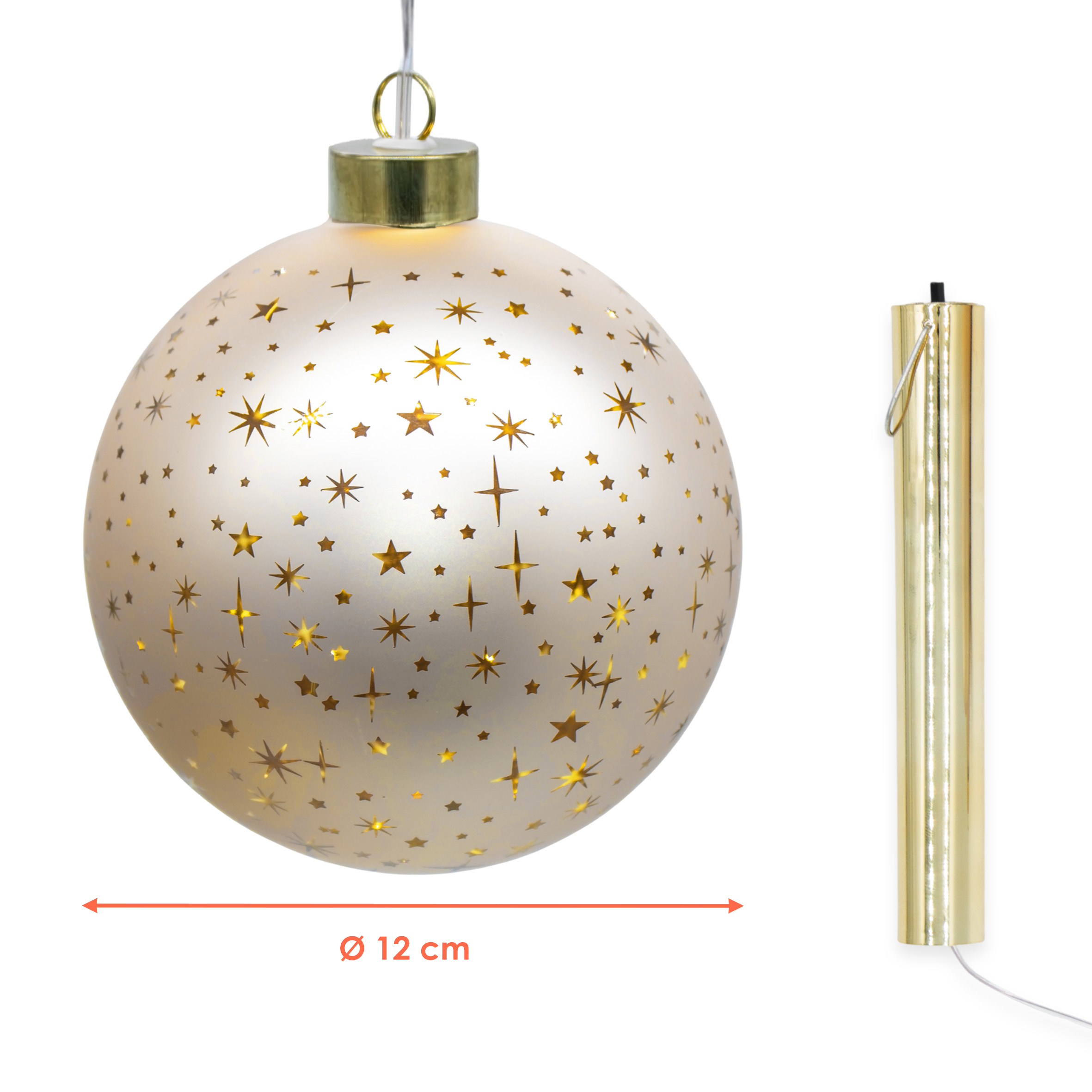 LED Glas Weihnachtskugel champagner zum Hängen mit Timer - 19 cm - Dekokugel mit Sterne Motiv soft gold beleuchtet batteriebetrieben