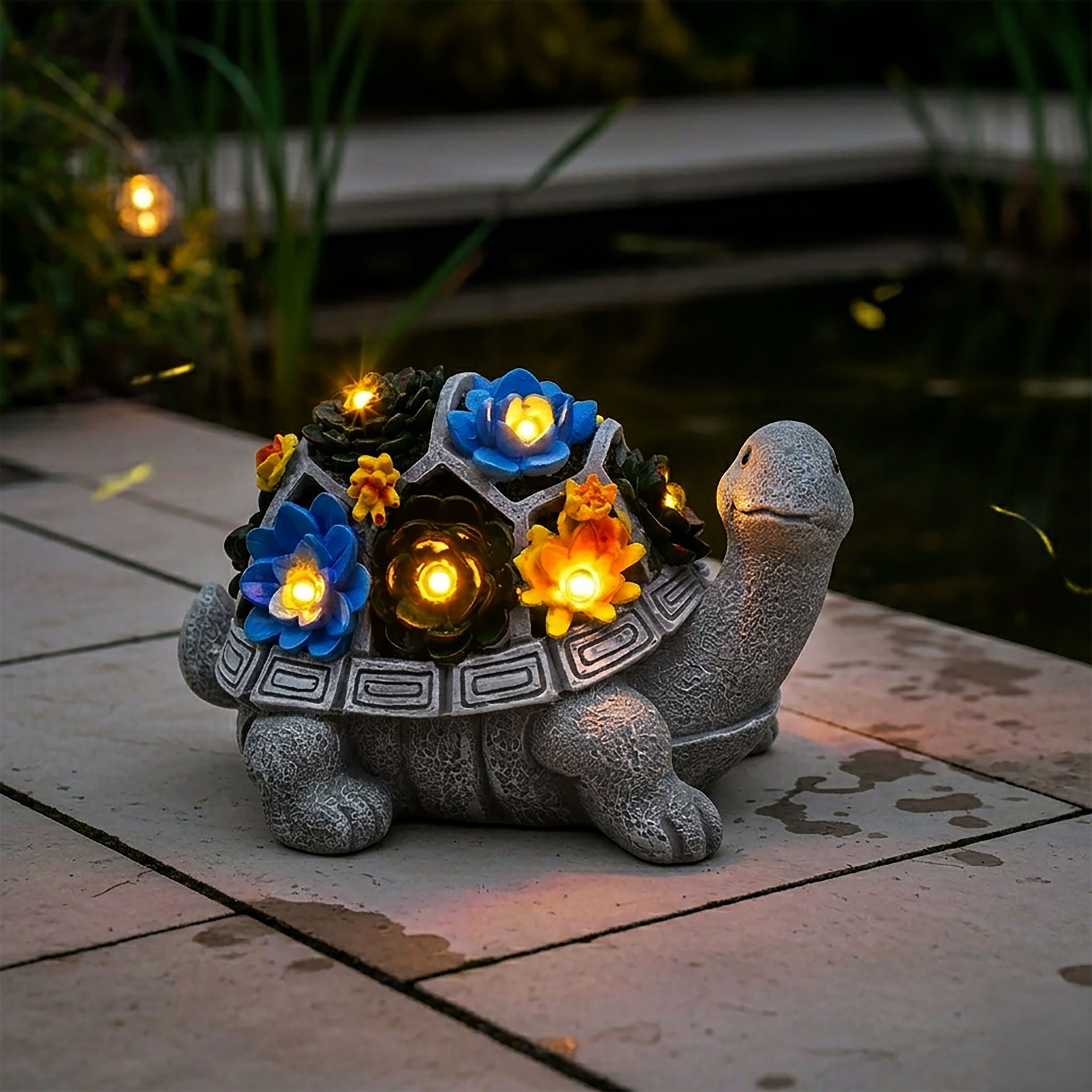 Solar Gartenfigur Schildkröte mit leuchtenden Blumen - 26 x 17 cm - Gartendeko Tierfigur warm weiß beleuchtet für Außen