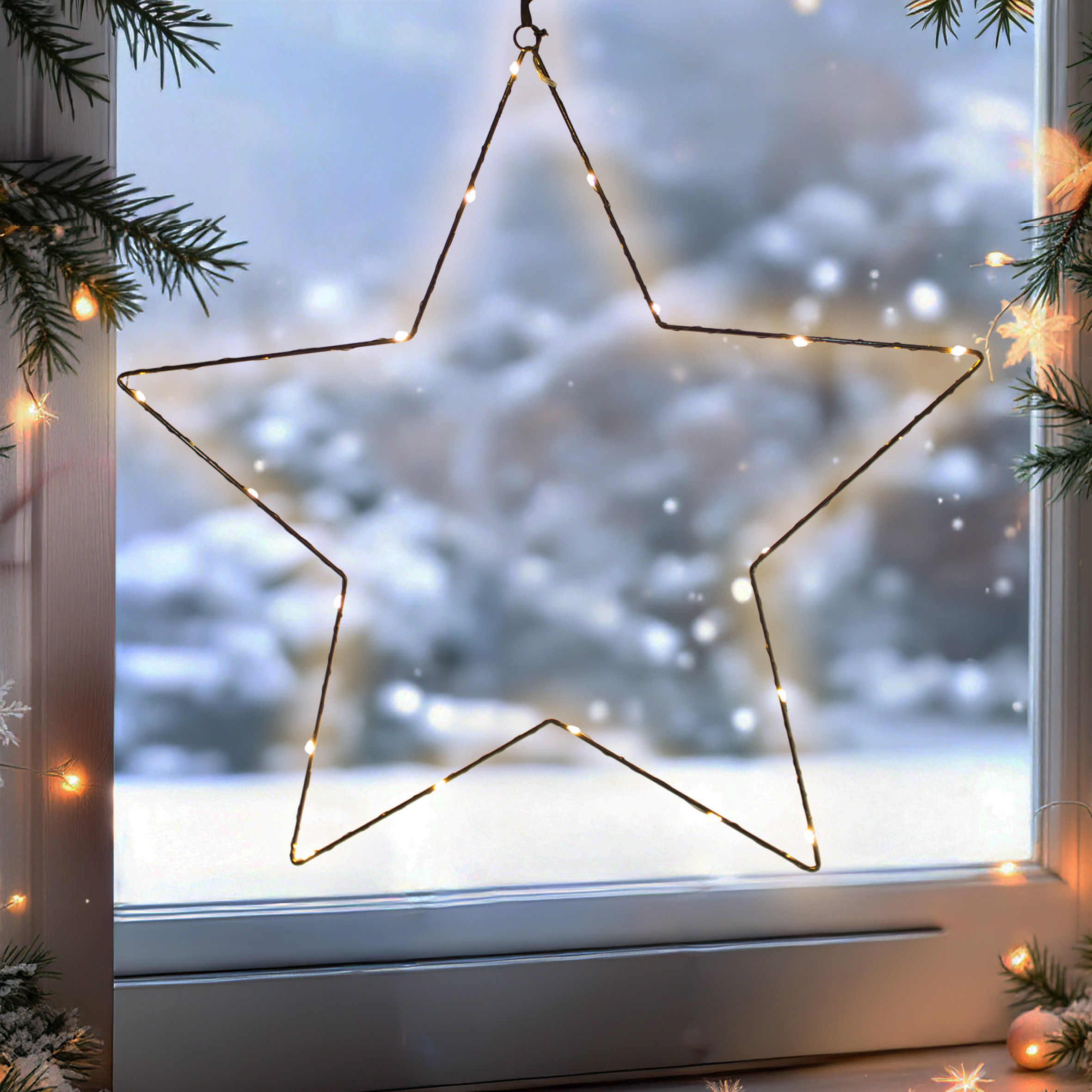 Metall Leuchtstern zum Hängen schwarz mit Timer - 20 LED - Stern Silhouette 50 cm warm weiß beleuchtet batteriebetrieben