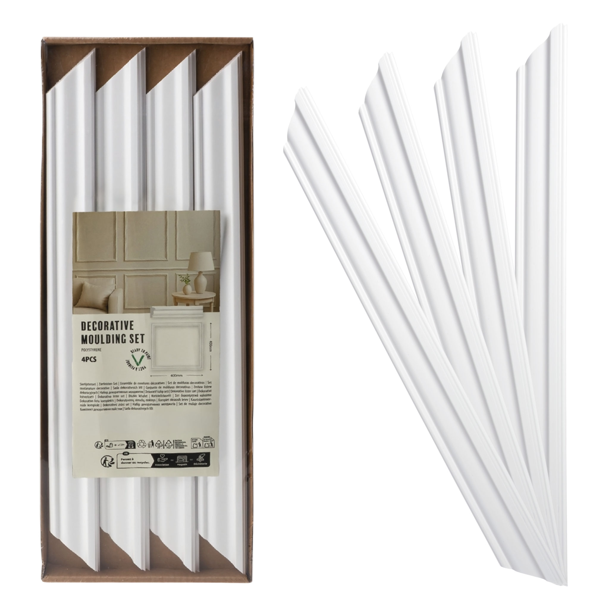 Zierleisten Set 4-teilig aus Polystyrol weiß vorgeschnitten - für 40 x 40 cm - Stuckleiste 4 Stück für Wand und Deckendekoration