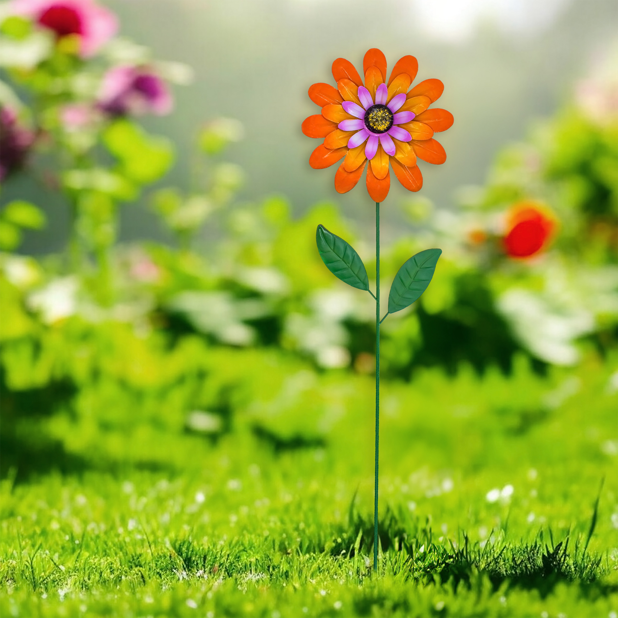 Metall Gartenstecker Blume orange - 90 x 25 cm - Gartendeko Blumenstecker bunt
