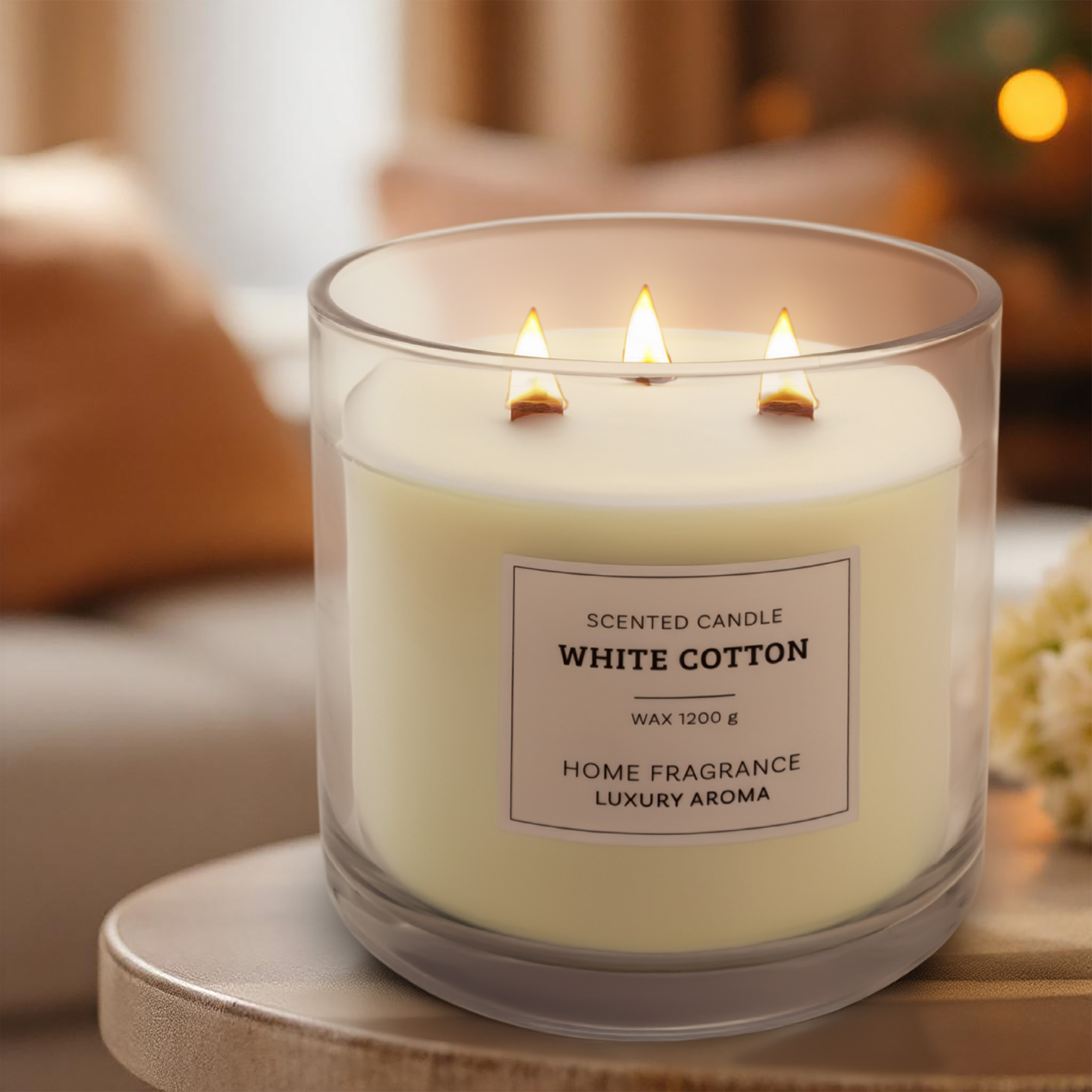 XL 3-Docht Duftkerze im Glas 15 cm mit Knisterdocht aus Holz - White Cotton Duft - Große Aromakerze 1200g Wachs 50 Stunden Brenndauer