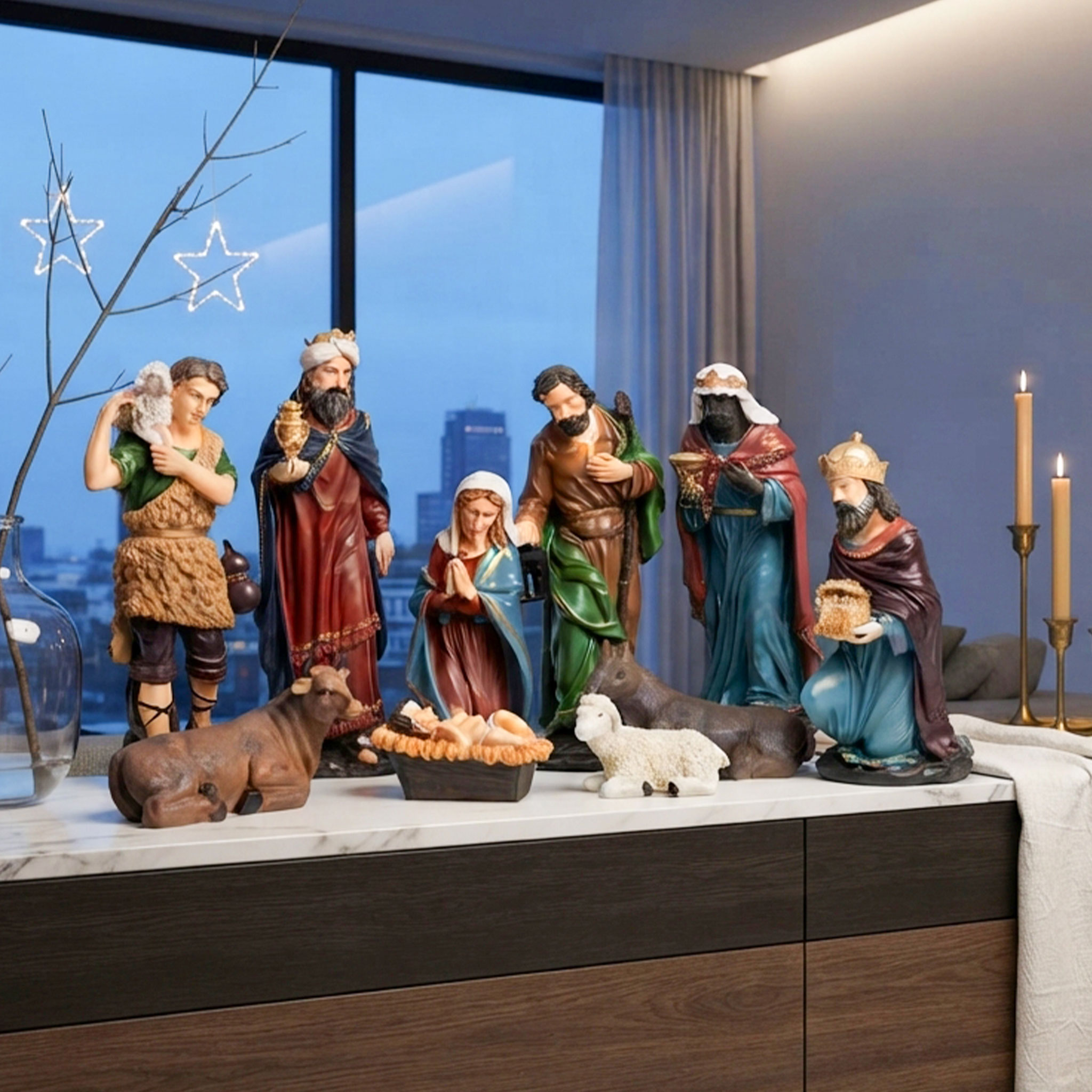XXL Polyresin Weihnachts Krippenfiguren 10-teiliges Set - 37 cm - Kunststein Weihnachtskrippe Figuren 10 Stück detailgetreu handbemalt