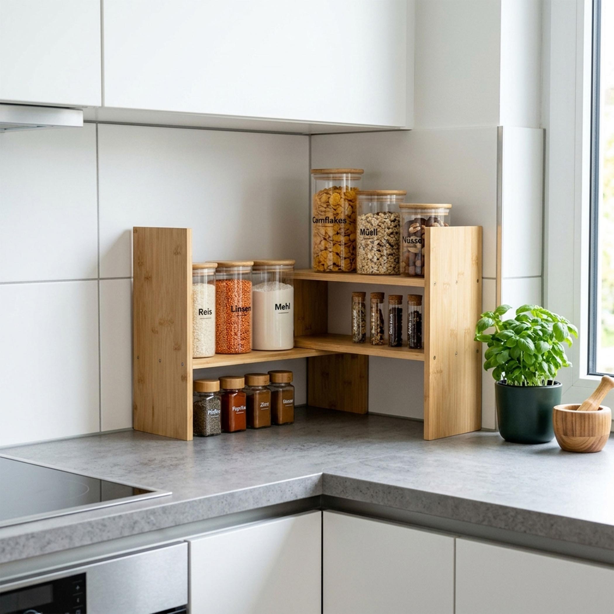Bambus Küchen Organizer ausziehbar und variabel stellbar - 41-63 x 17 cm - Holz Küchenregal mit 3 Aufstellmöglichkeiten