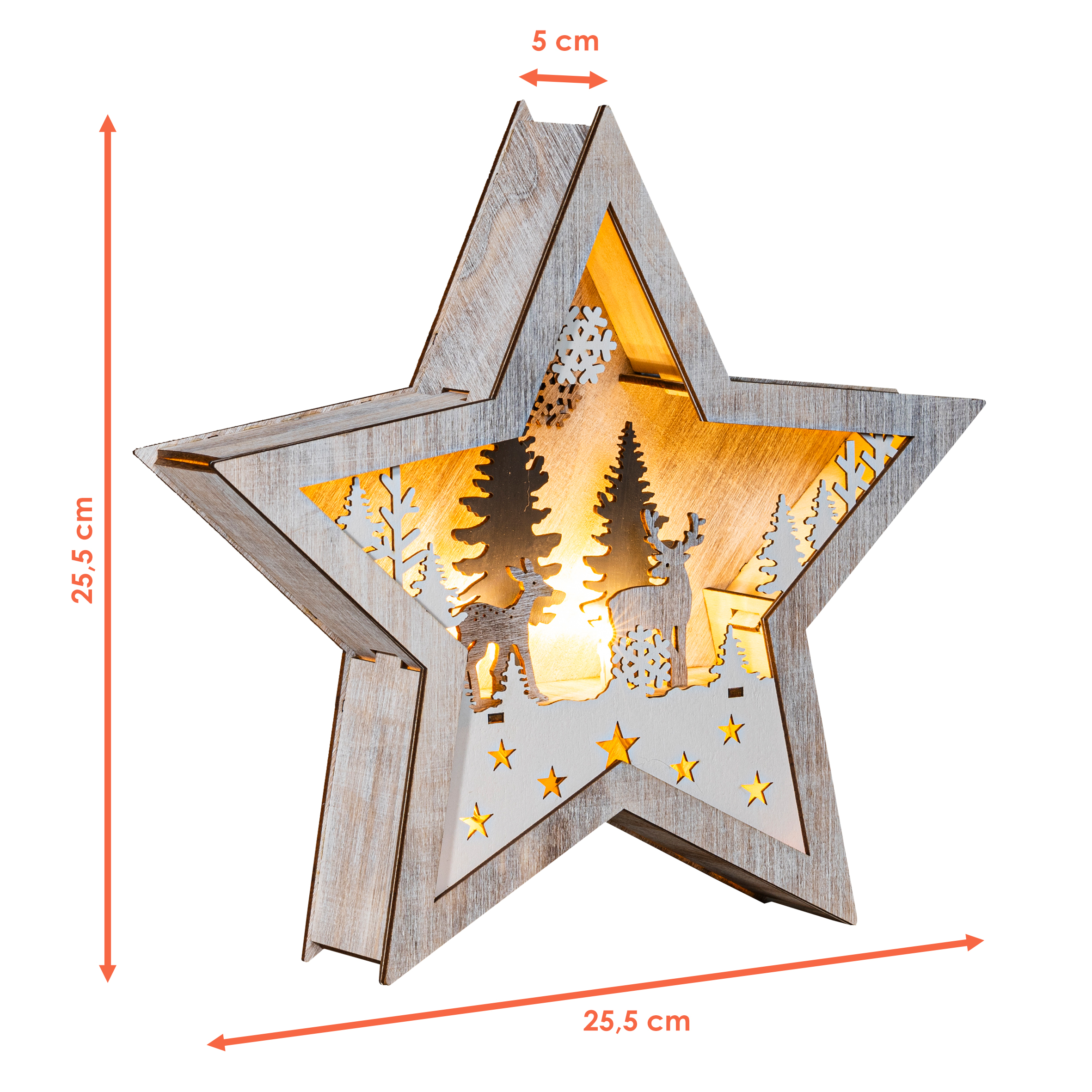 LED Weihnachts Stern aus Holz 25 cm - Rentier im Wald - Deko Aufsteller warm weiß beleuchtet