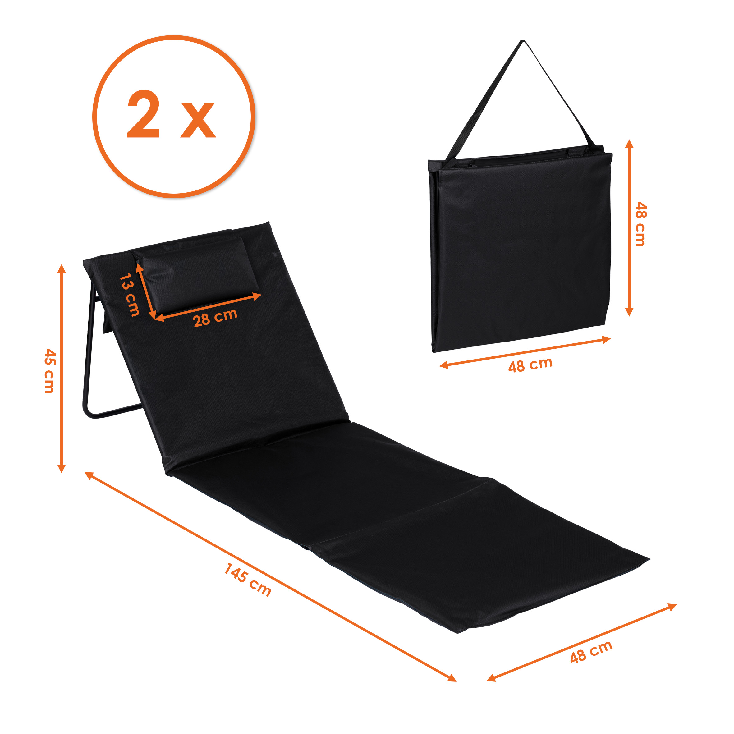 Strandmatte 2er Set klappbar mit verstellbarer Rückenlehne - schwarz - Liegematte faltbar 145 x 48 cm mit Kopfkissen
