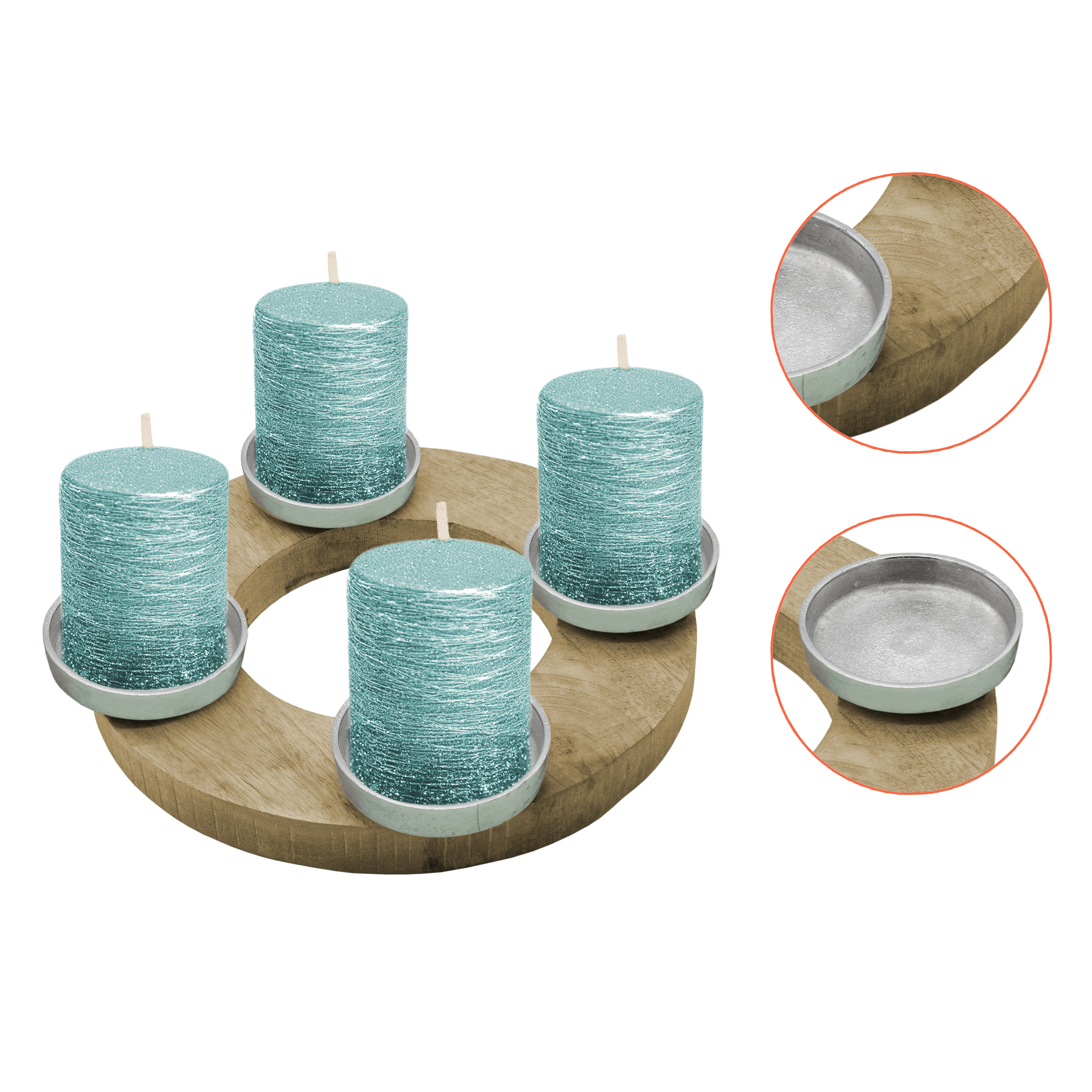 Mango Adventskranz für 4 Stumpenkerzen - Ø 27 cm - Holz Kerzenständer mit Alu Kerzentellern