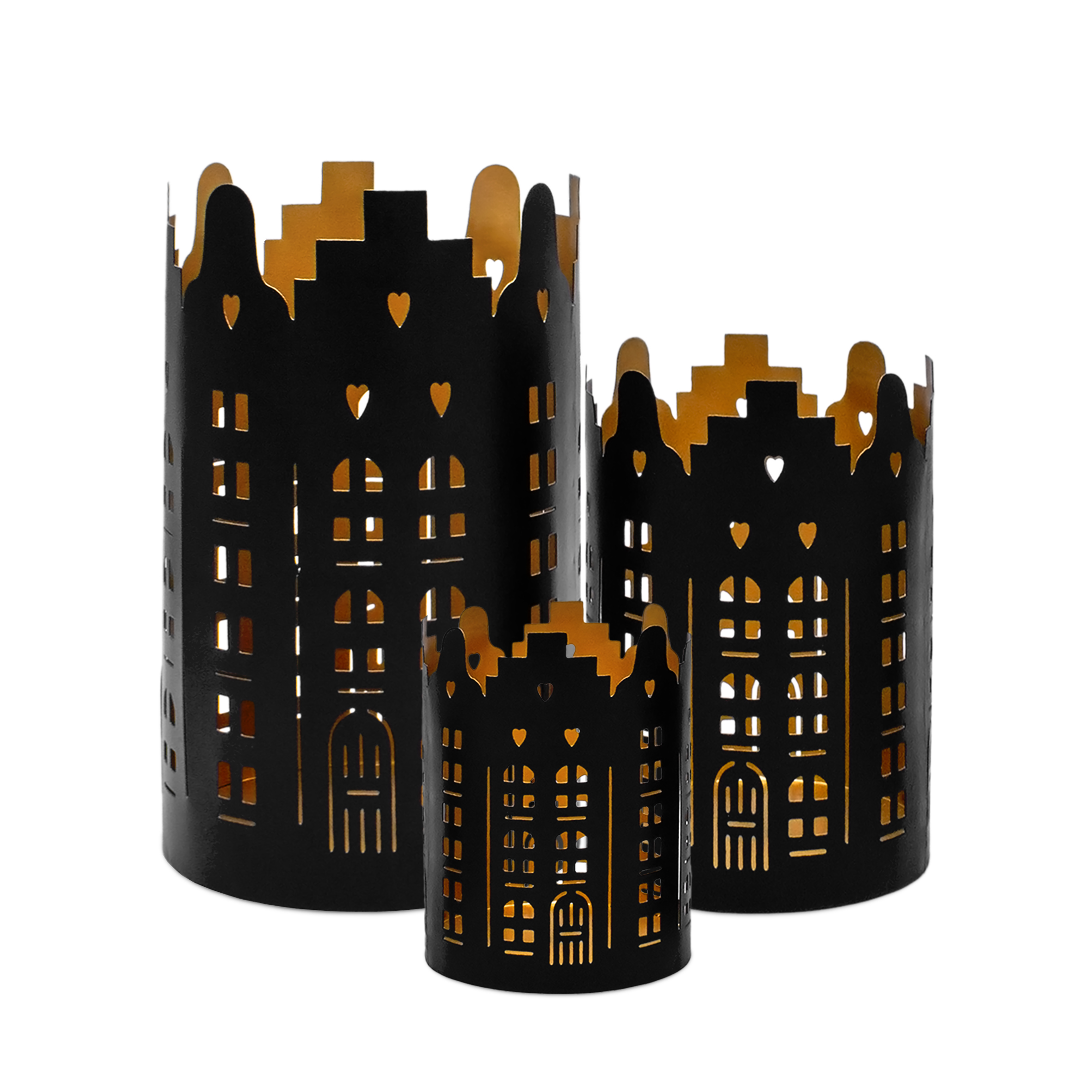 Metall Weihnachts Windlicht rund 3er Set - 20 / 15 / 10 cm - Deko Tisch Laterne Skyline schwarz