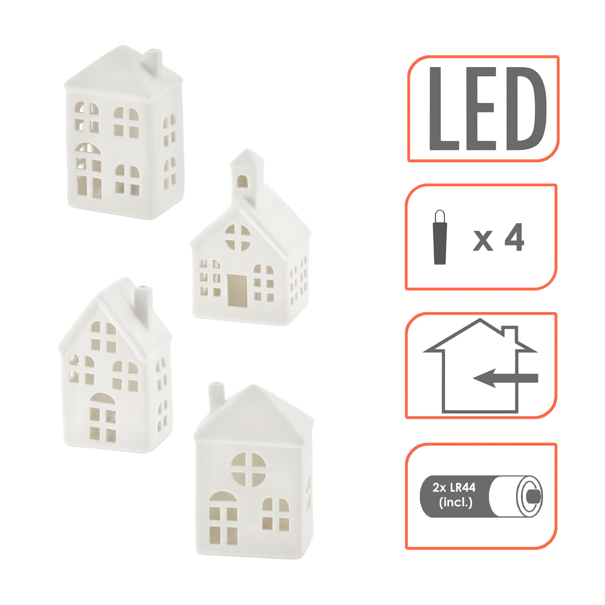 LED Keramik Haus weiß 11 cm - 4er Set - Deko Weihnachtsdorf mit Beleuchtung in warm weiß