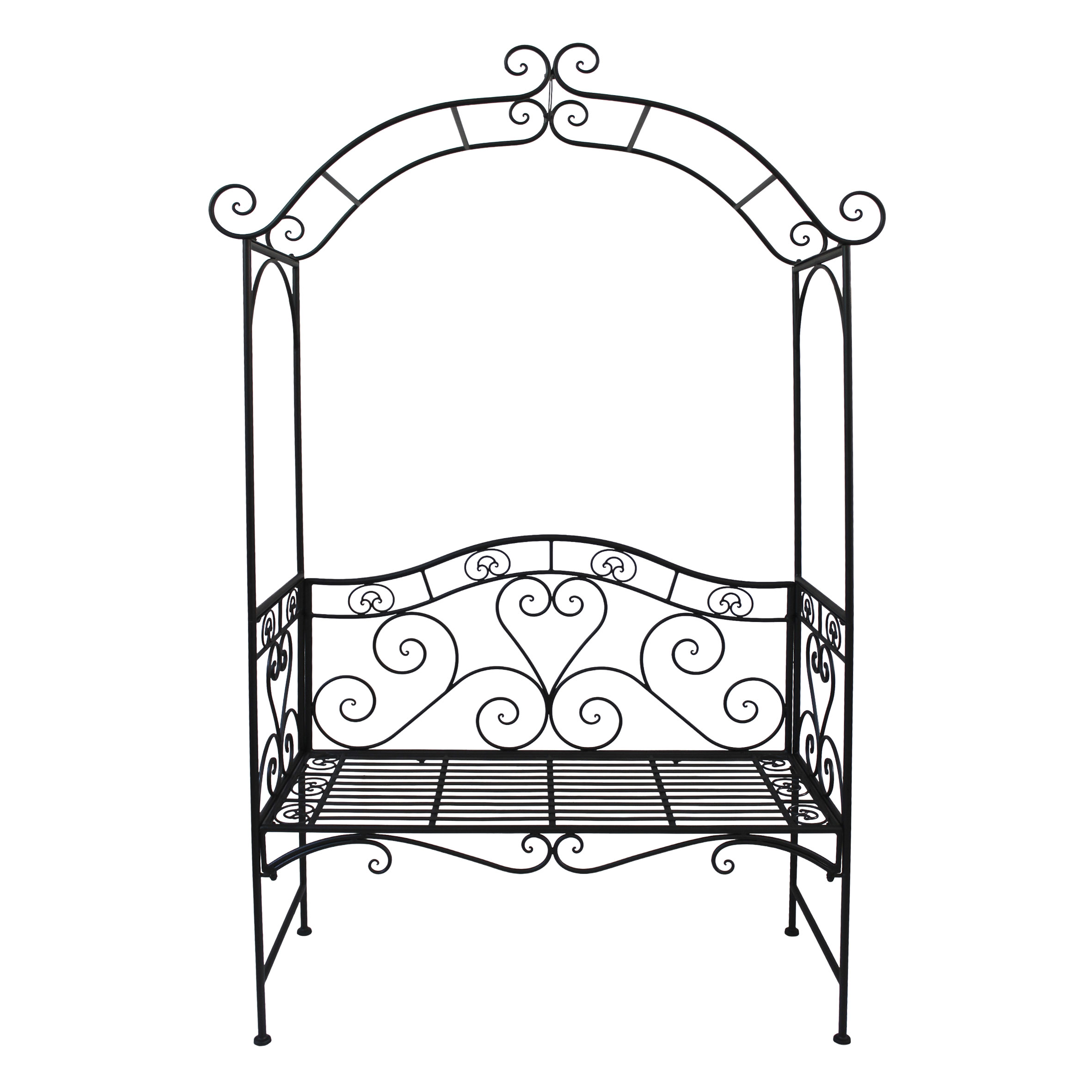 Metall Gartenbank 2-Sitzer schwarz mit Rosenbogen - 200 x 124 cm - Garten Sitzbank belatbar bis 150 kg wetterfest mit Rankgitter