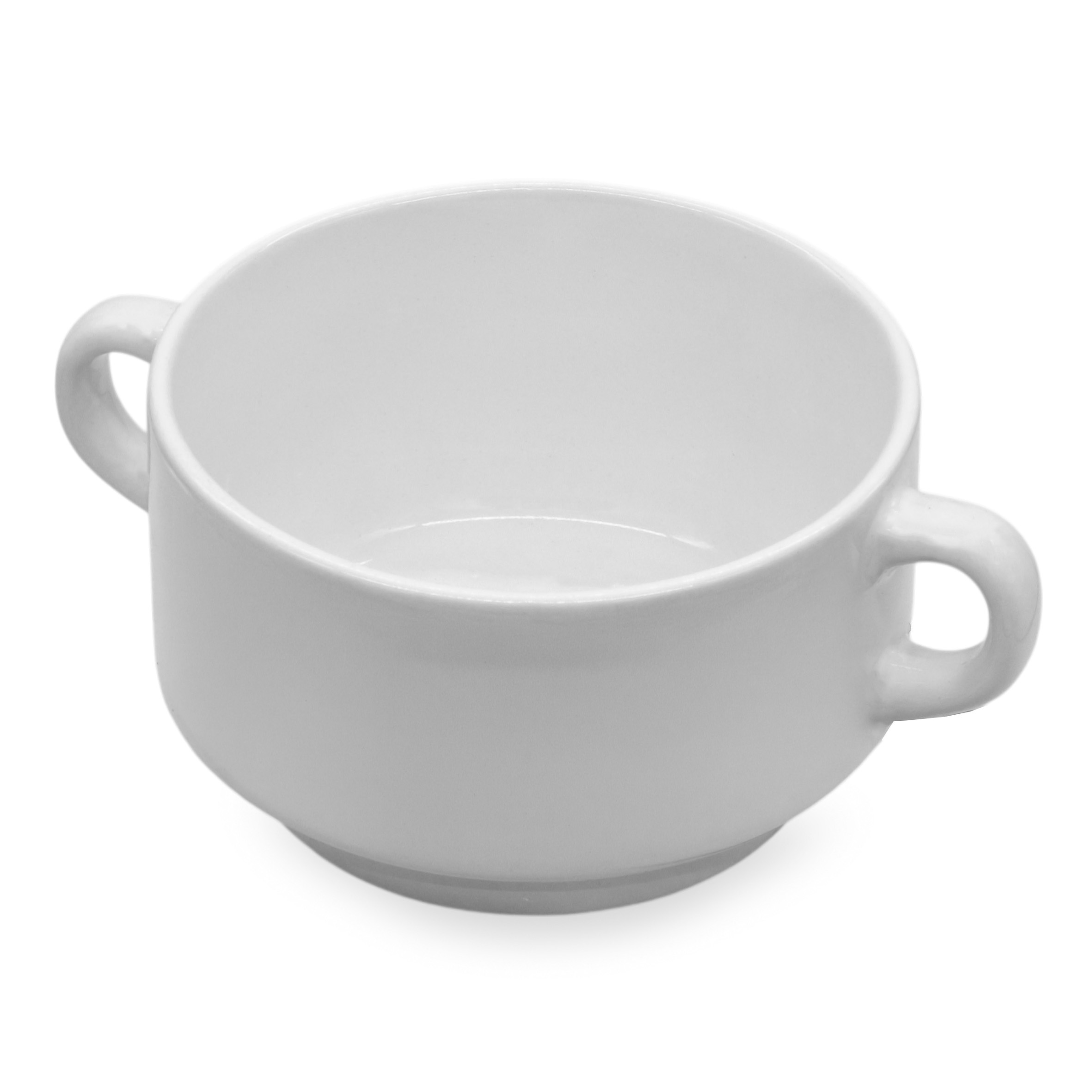 Feinkeramik Suppentasse 200 ml weiß mit Henkel - 6er Set - Keramik Suppenschale stapelbar für Suppe und Dessert