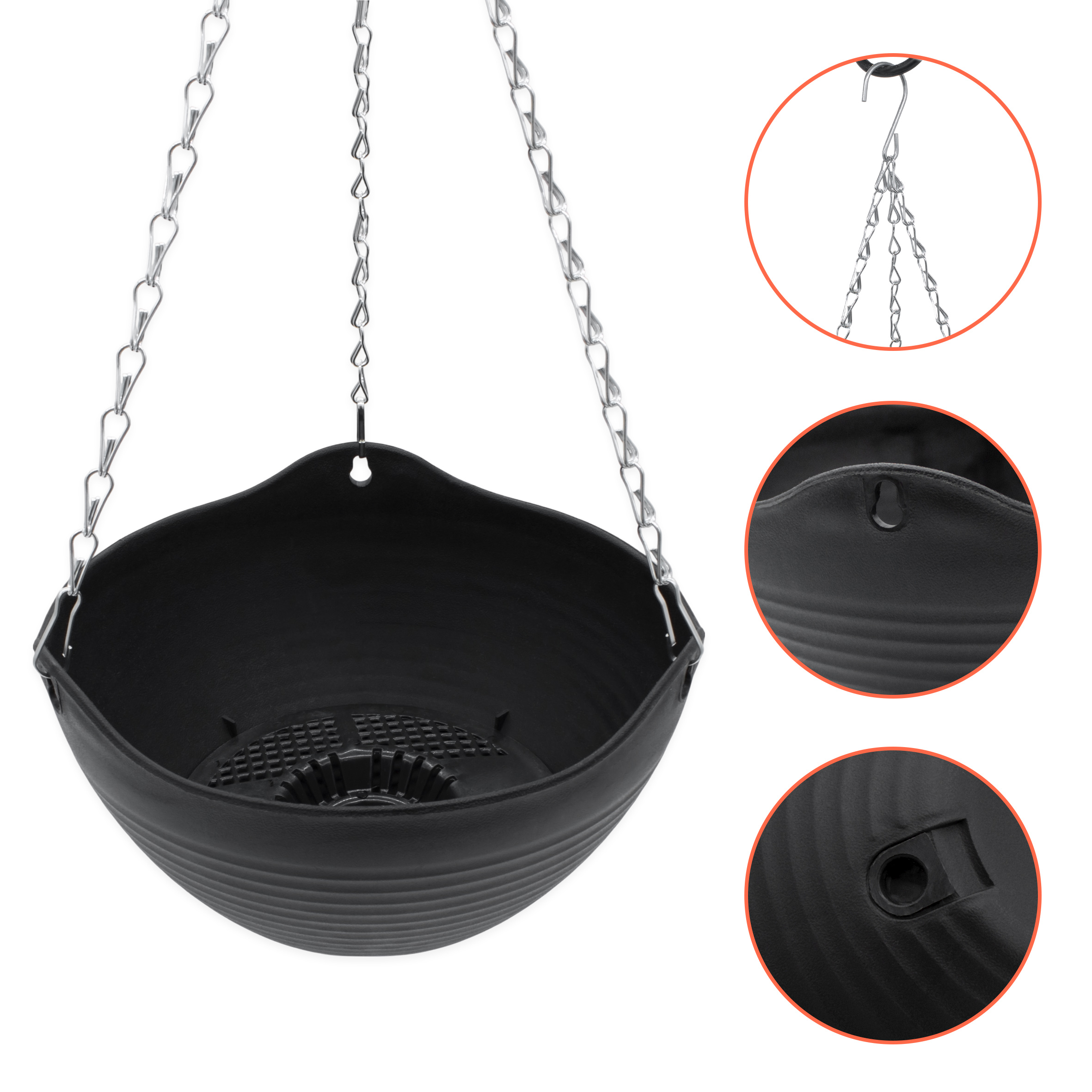 Blumenampel anthrazit mit Rillen Struktur 25 cm - 2er Set - Kunststoff Hängeampel mit Ablauf und Metallkette