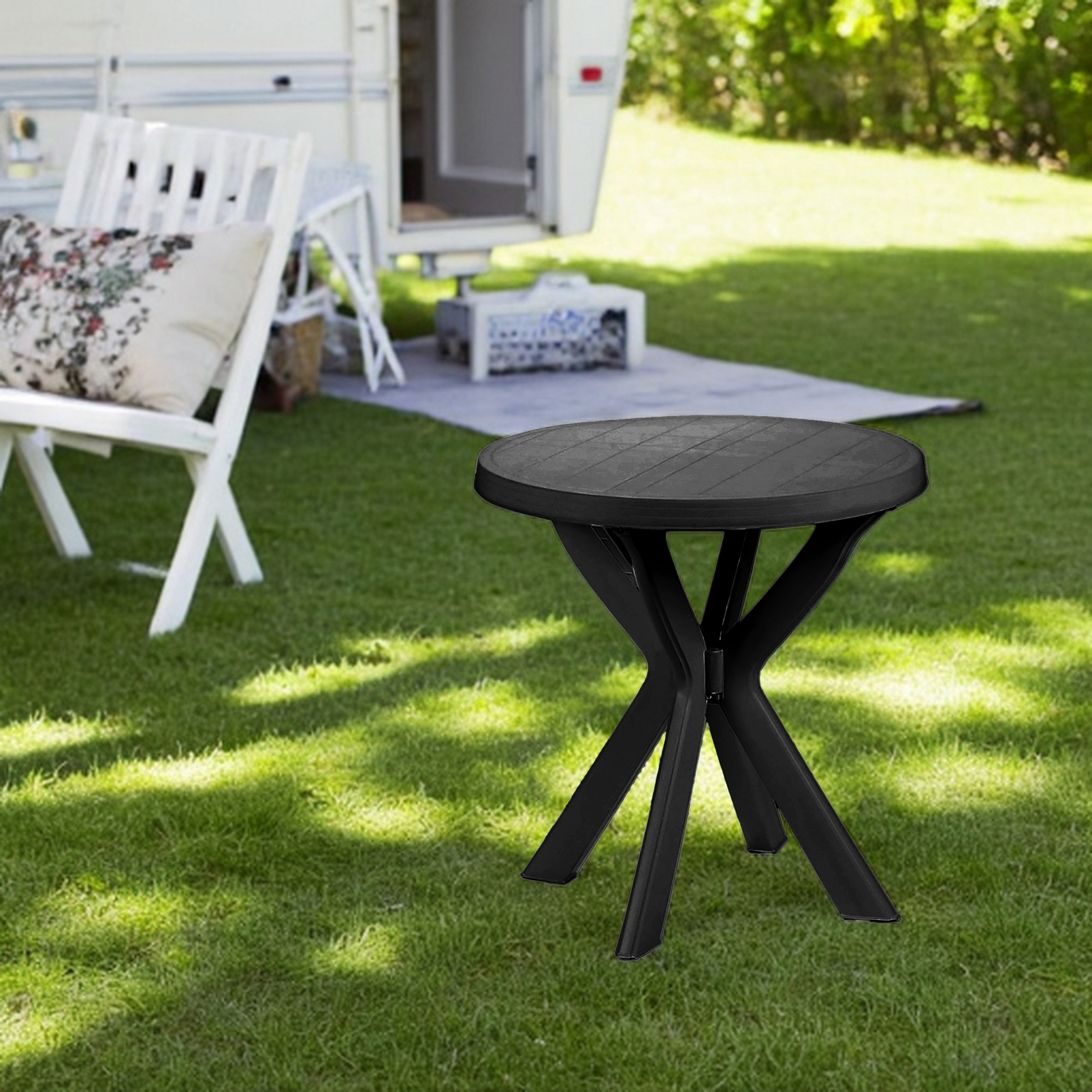 Kunststoff Gartentisch rund anthrazit - 70 cm - Campingtisch im klassischen Design