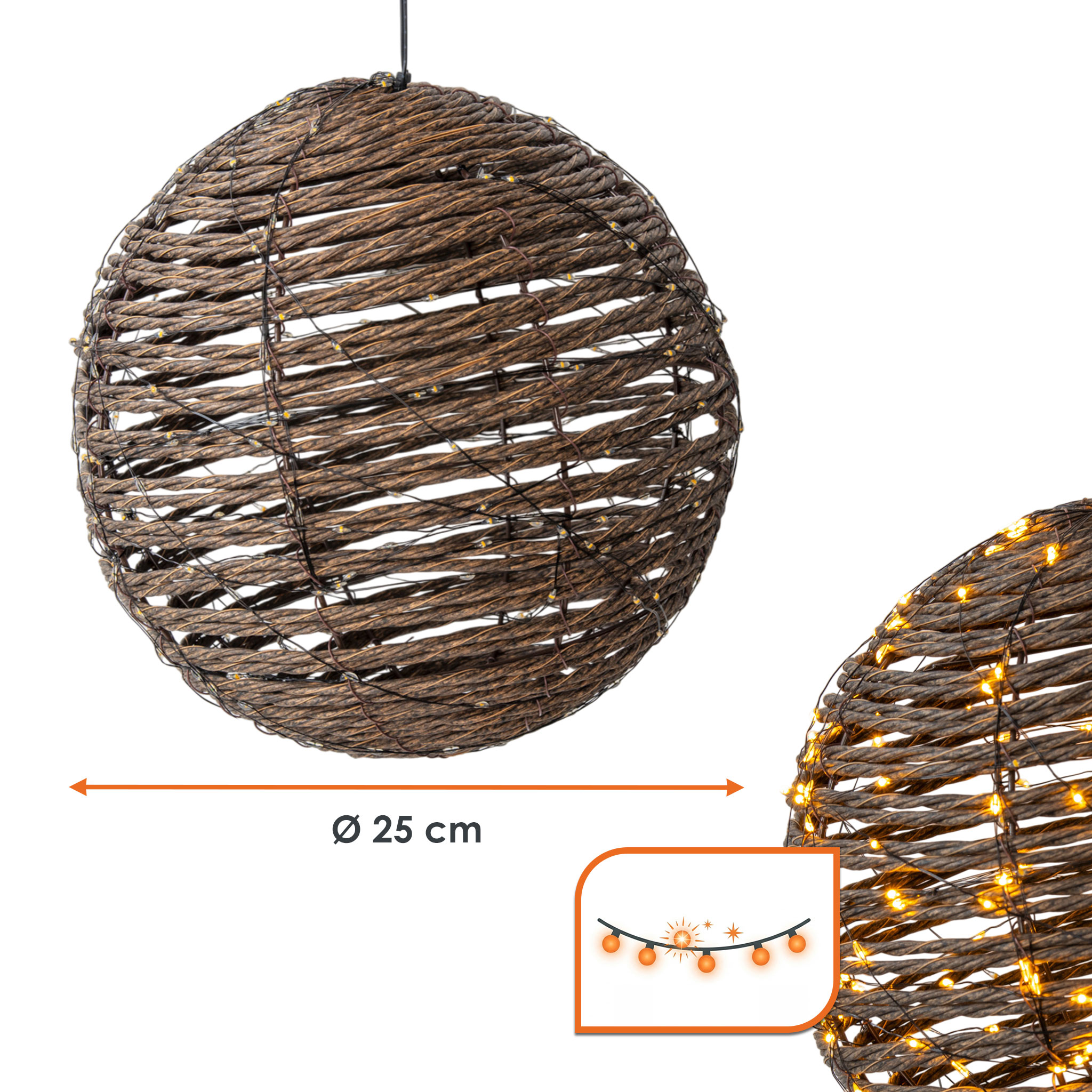 LED Rattan Leuchtball für Außen mit Timer und Twinkle-Effekt - 25 cm - Leuchtkugel mit 300 flashing LEDs in extra warm weiß