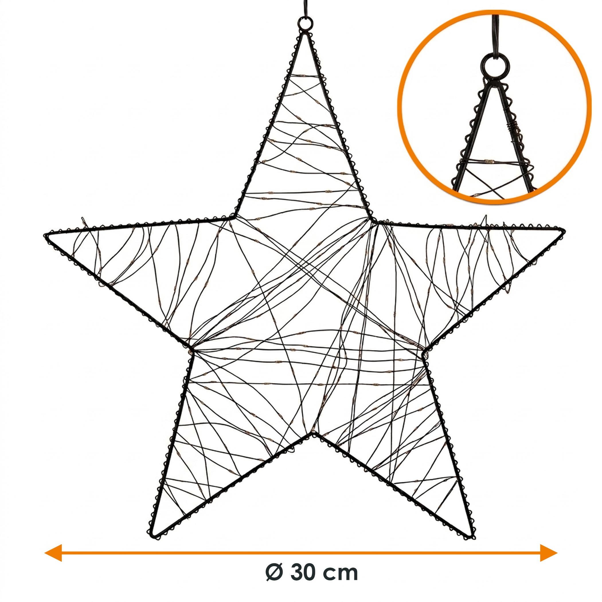 Metall Leuchtstern schwarz mit Twinkle Effekt dimmbar für Außen mit Timer - 30 cm - Stern Silhouette mit funkelnden 200 LEDs in warm weiß mit Netzteil