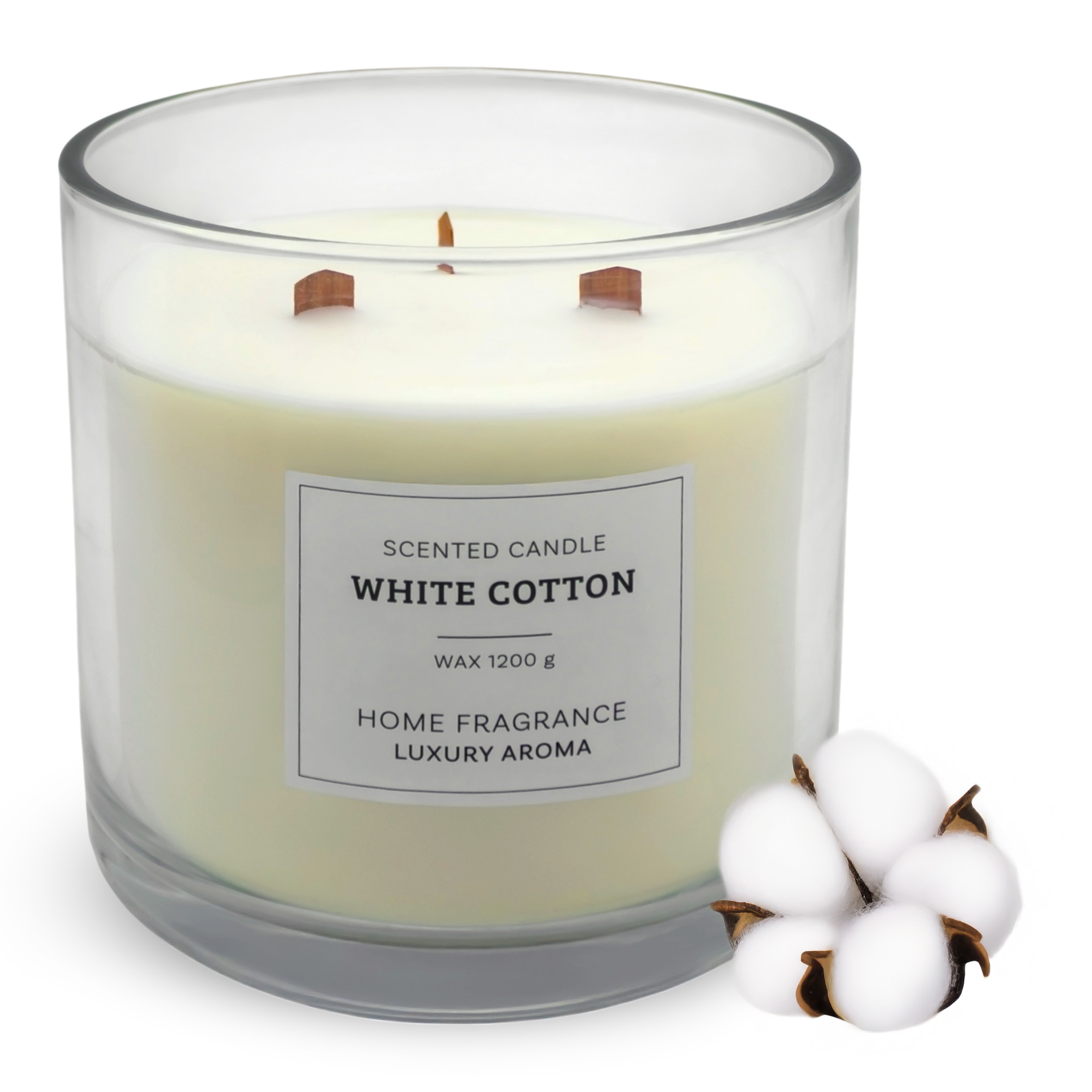XL 3-Docht Duftkerze im Glas 15 cm mit Knisterdocht aus Holz - White Cotton Duft - Große Aromakerze 1200g Wachs 50 Stunden Brenndauer