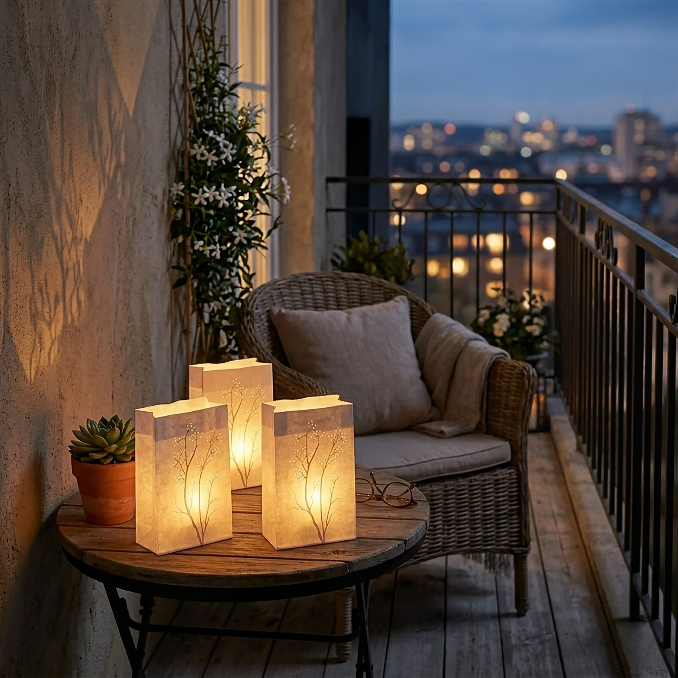 Lichtertüten Set inklusive 16 Teelichter mit 10 Stunden Brenndauer - 26 x 15 cm - Papierlaternen mit Strauch-Motiv Deko für Garten, Balkon oder Hochzeit