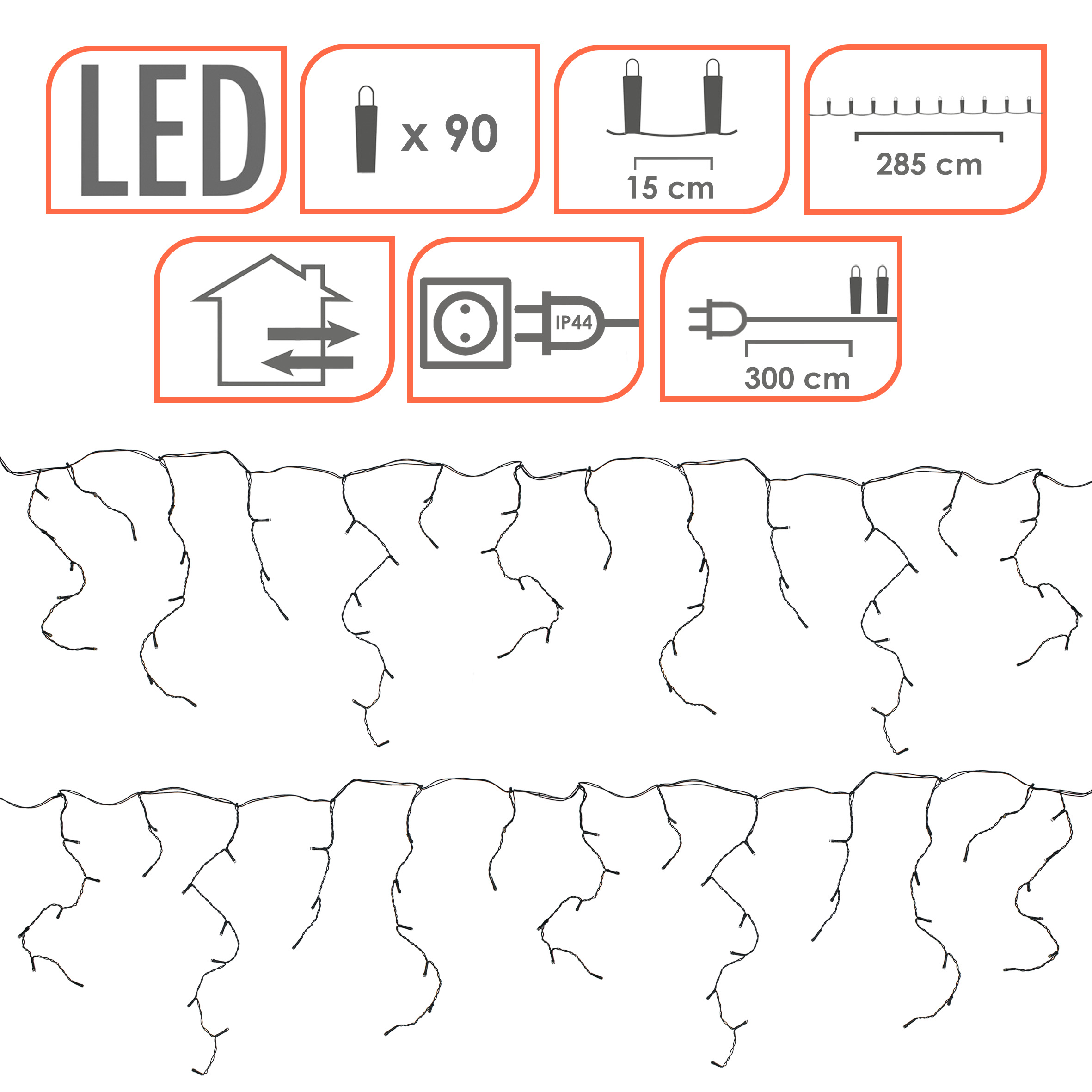 Eisregen Lichtervorhang warm weiß für Außen mit Stecker - 90 LED / 3 m - Eiszapfen Lichterkette mit 20 Lichtfäden
