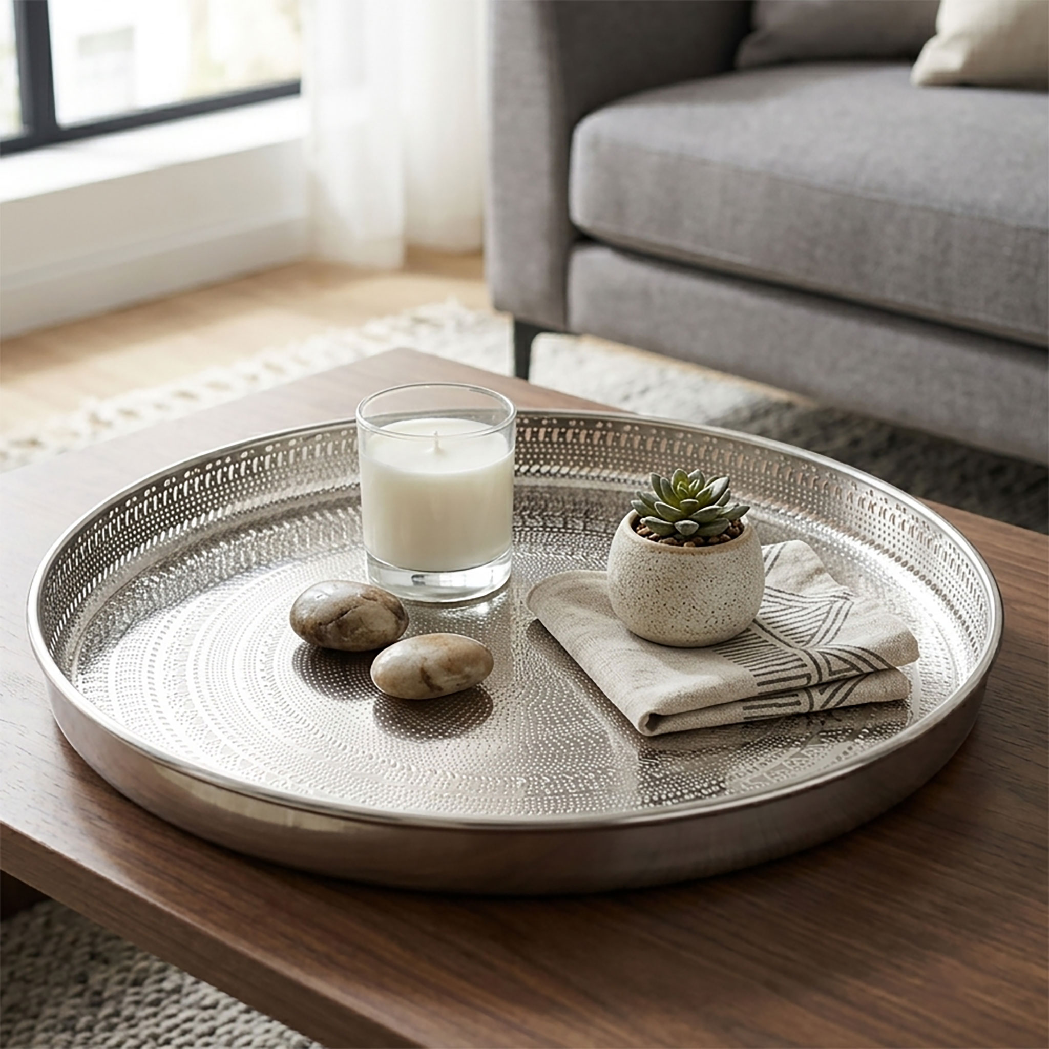 Metall Kerzentablett silber rund im Orient Design - 34 cm - Deko Silbertablett glänzend mit erhöhtem Rand