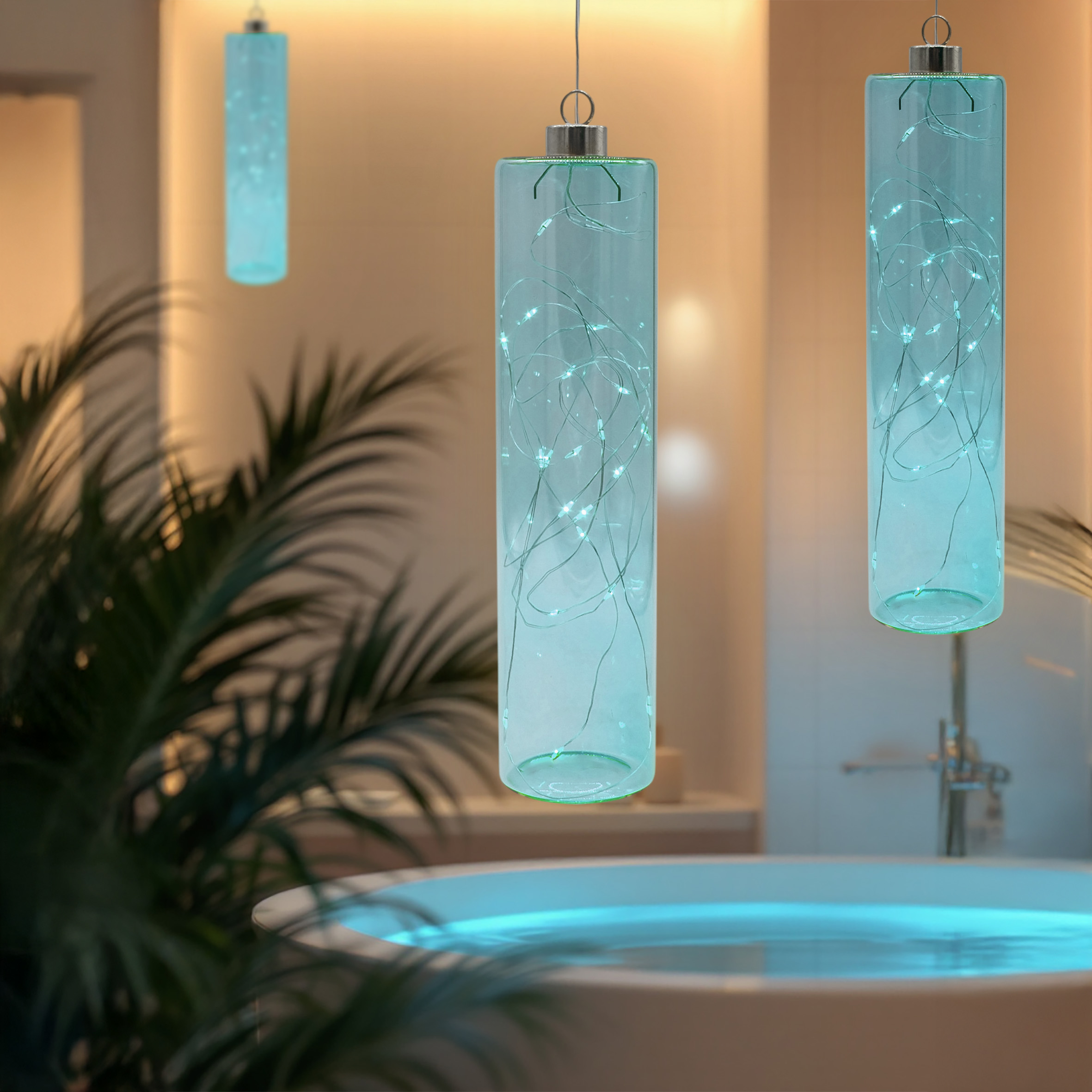 LED Glas Pendelleuchte petrol blau mit Timer - 24 x 6 cm - Hängelampe Batterie betrieben warm weiß beleuchtet