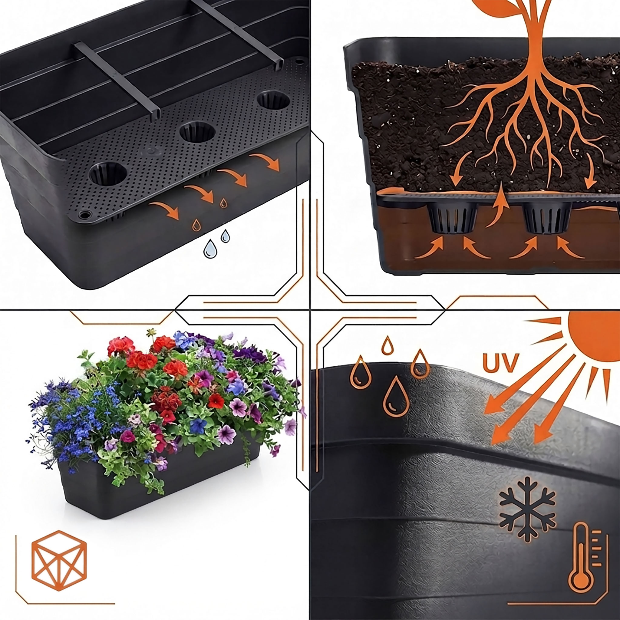 Balkon Blumenkasten Bewässerungssystem - 60 cm - Kunststoff Geländer Pflanztopf in anthrazit