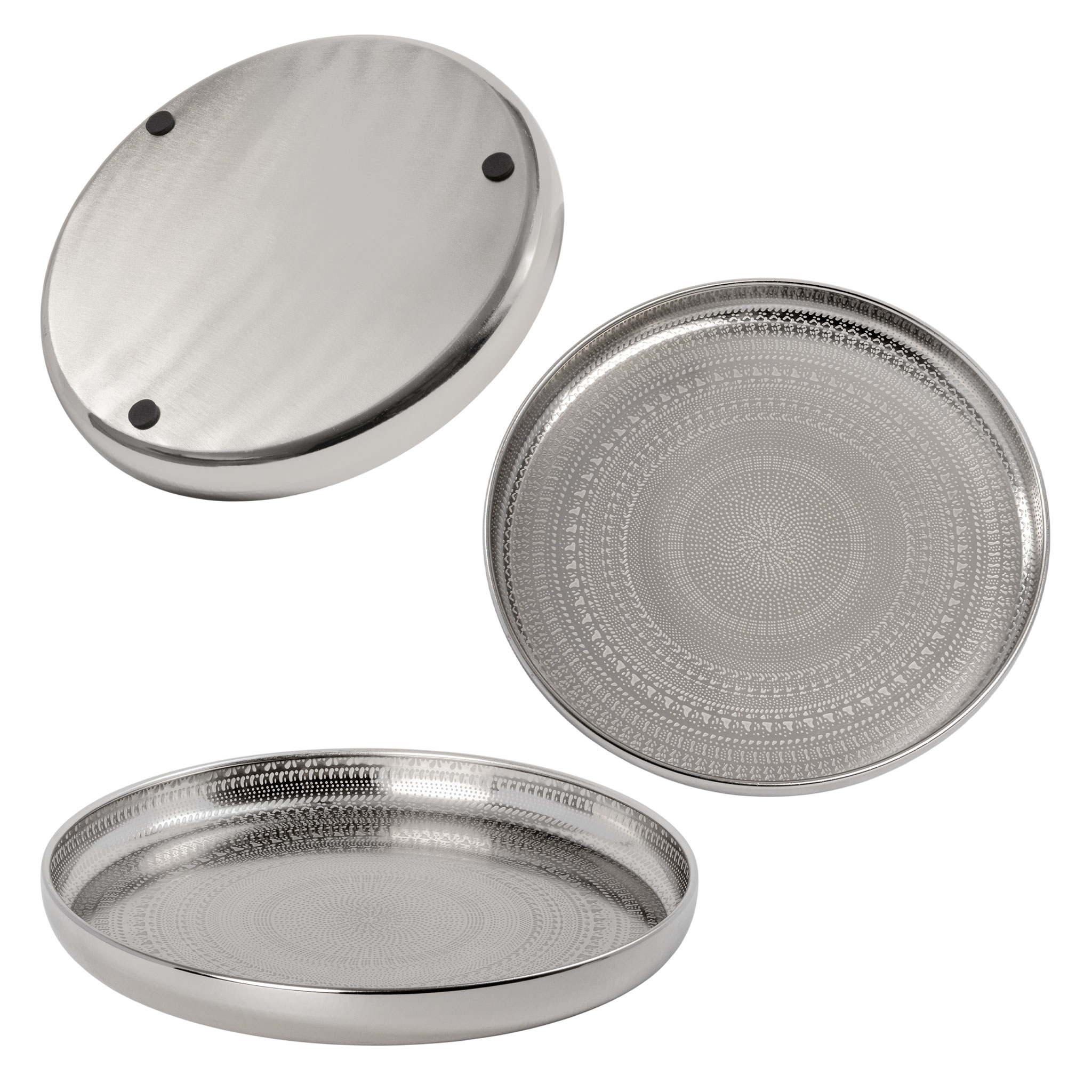 Metall Kerzentablett silber rund im Orient Design - 34 cm - Deko Silbertablett glänzend mit erhöhtem Rand