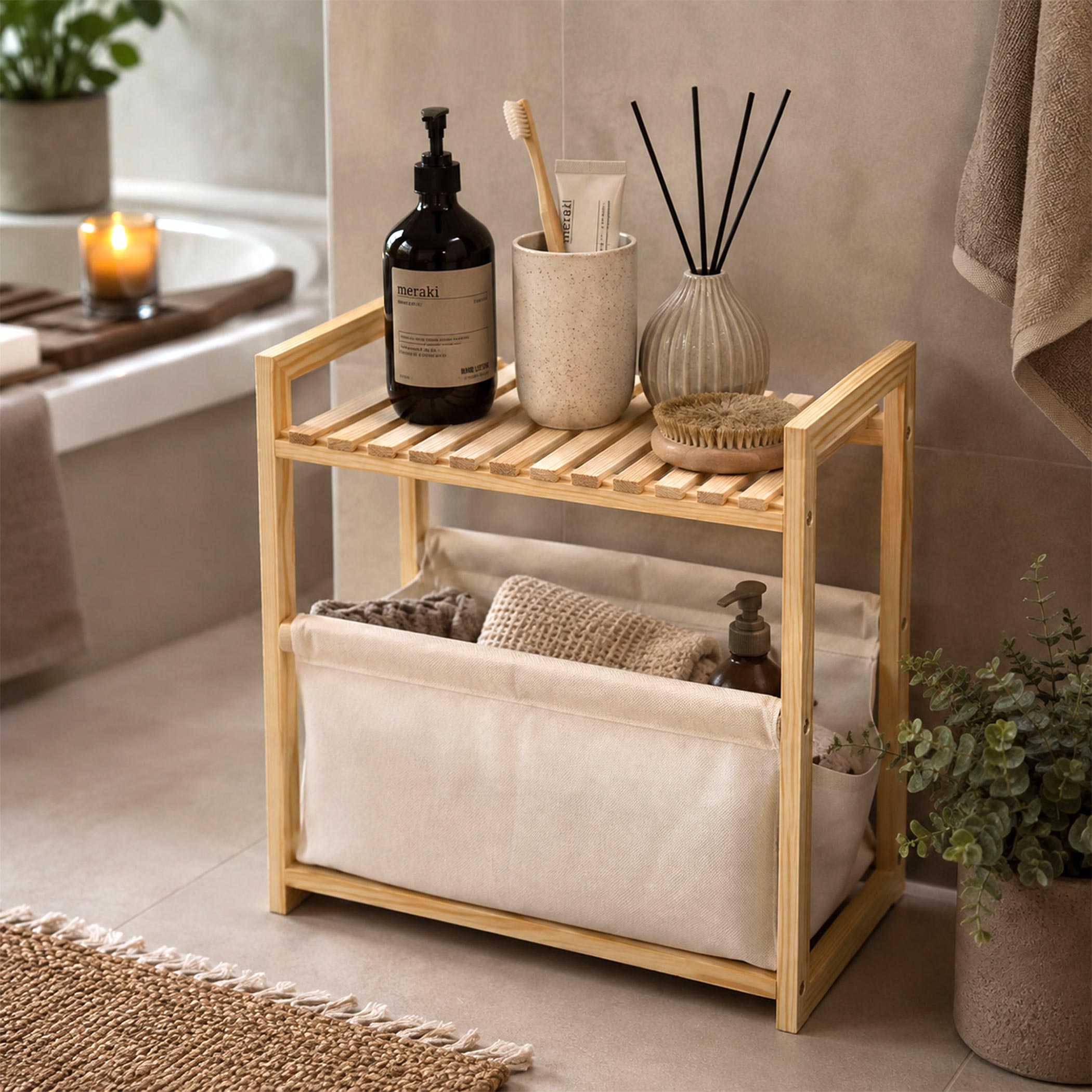 Holz Badezimmerregal natur mit Stoffkorb - 39 x 36 cm - Standregal im Scandi-Design klein mit Ablage und Korb